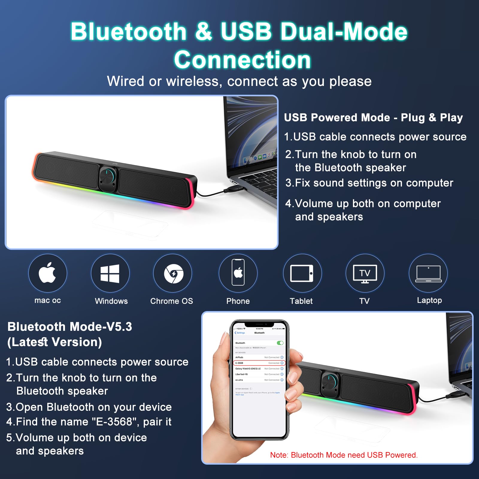 USB Powered Bluetooth Computer Sound Bar with RGB Lighting & Volume Knob, HiFi Stereo Portable Gaming Speaker for Desktop, PC, Laptop, Tablets, Mac Air/Pro - Perfect for Home Office, Gaming, and Entertainment