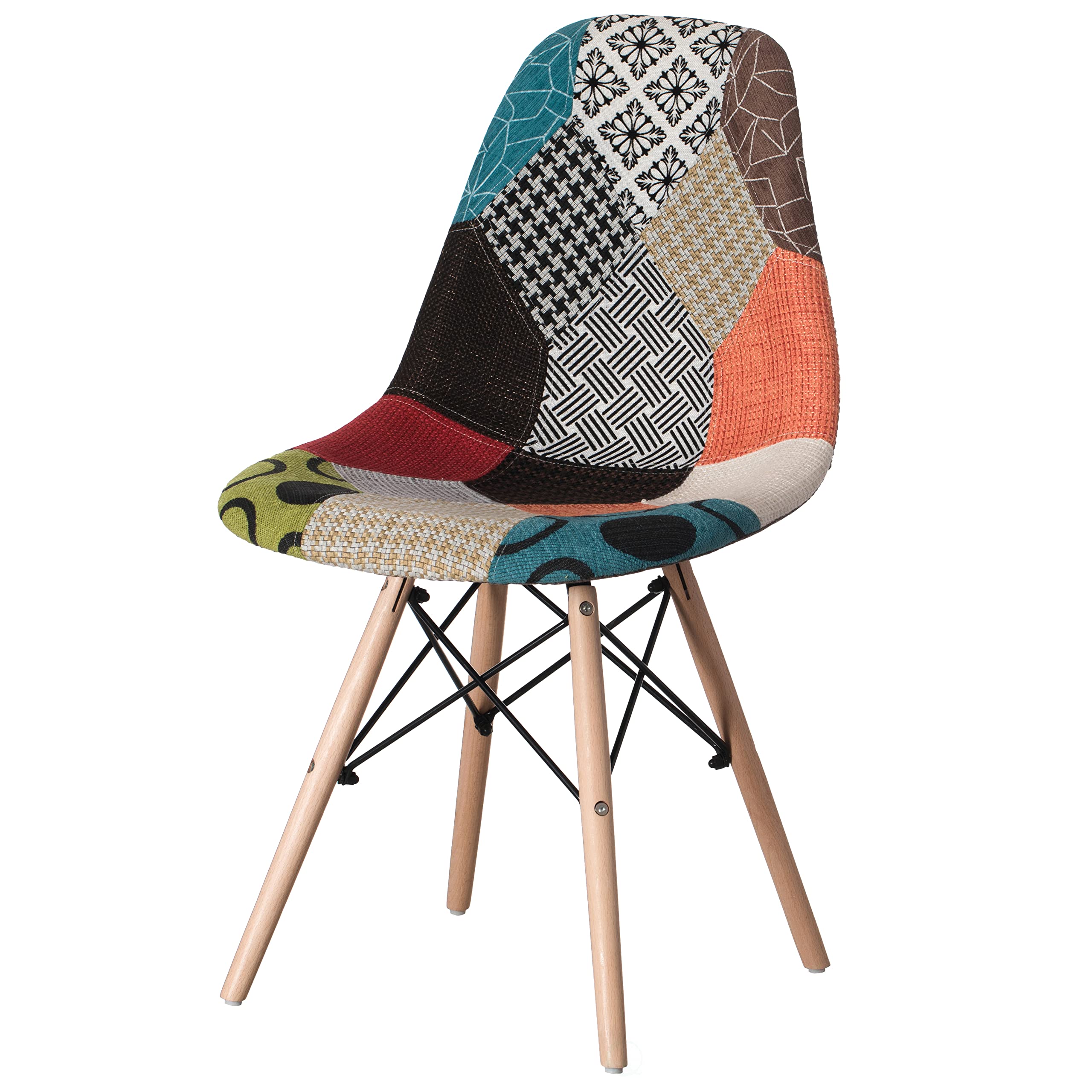 Modern Fabric Patchwork Chair with Wooden Legs - Stylish Dining Room, Kitchen, Living Room & Entryway Seating - Perfect for Home Decor, Small Spaces & Farmhouse Style
