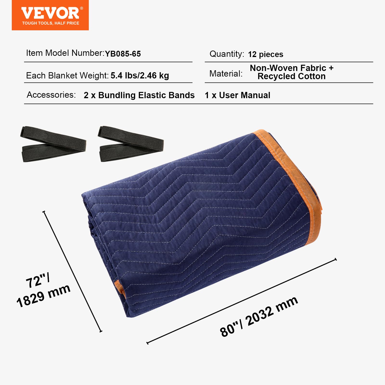 VEVOR YB085-65 Heavy Duty Moving Blankets 12 Pack - 65 lbs/dz, Blue & Orange - Furniture Protectors for Moving, Packing & Storage