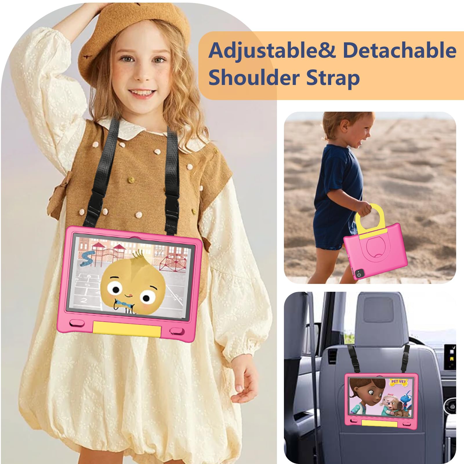10 Inch Kids Tablet with Strap & Protective Case - Android 14 Octa-Core 64GB/1TB Expandable - Bluetooth WiFi Dual Camera 12-Hour Battery - Parental Control Toddler Learning Tablet for Home & Travel Use