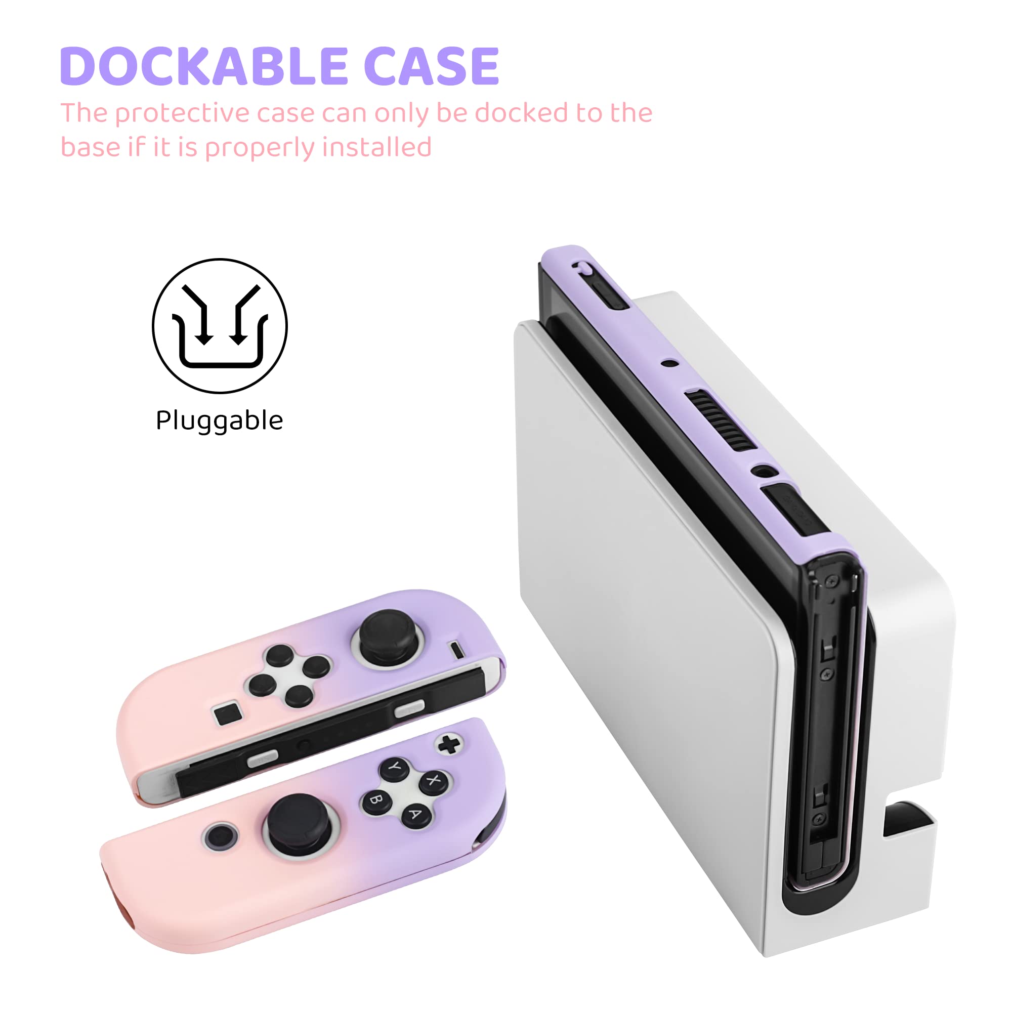 Nintendo Switch OLED Protective Case with Dockable Cover & 2 Cat Paw Thumb Grips - Pink & Purple for Joy-Con Controllers | Perfect for Gaming, Travel & Storage Protection