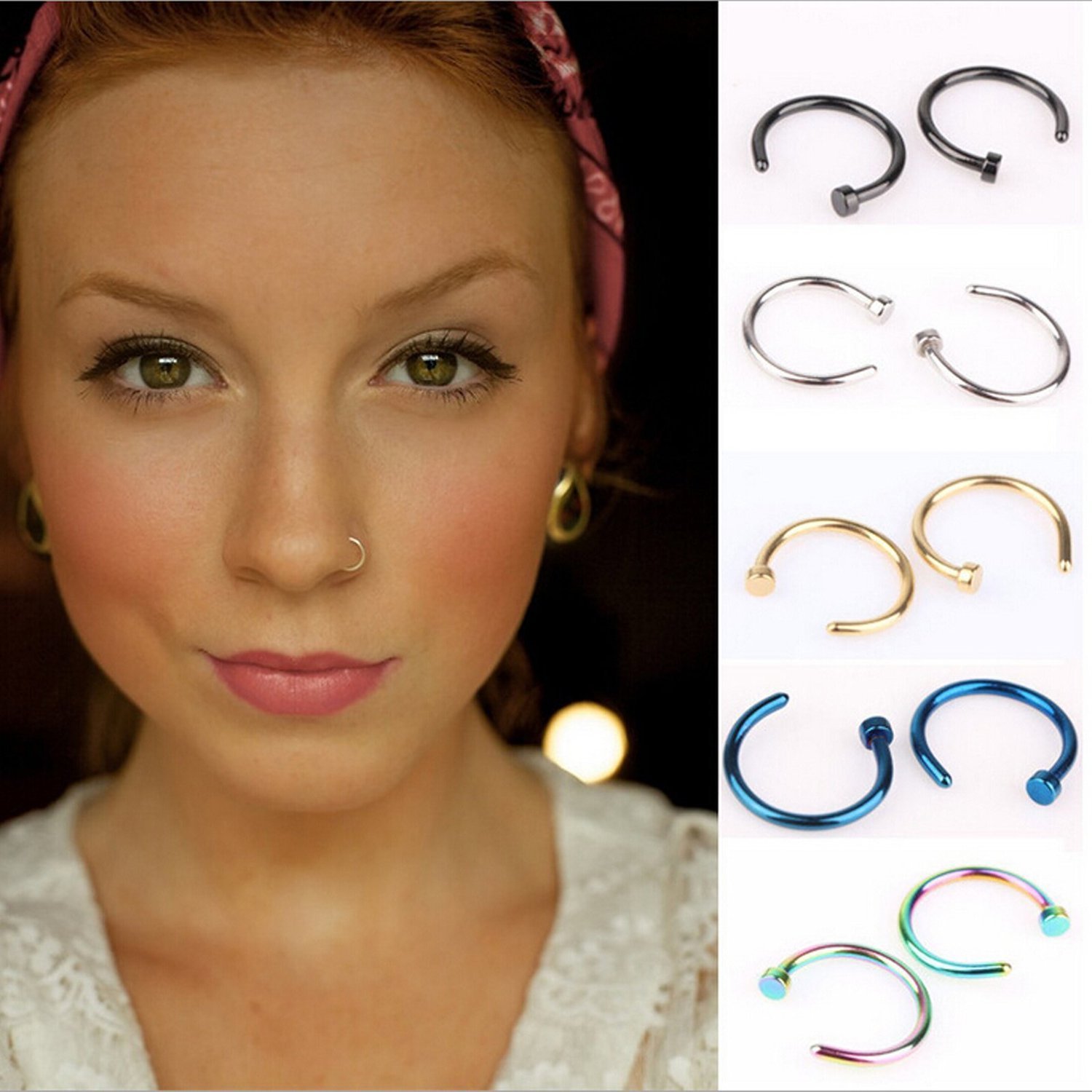 AKOAK 10-Piece Stainless Steel Nose Stud Rings Set - Unisex Body Piercing Jewelry, Open Hoop Nose Rings & Earring Studs for Men & Women - Perfect for Everyday Wear, Parties & Body Decorations