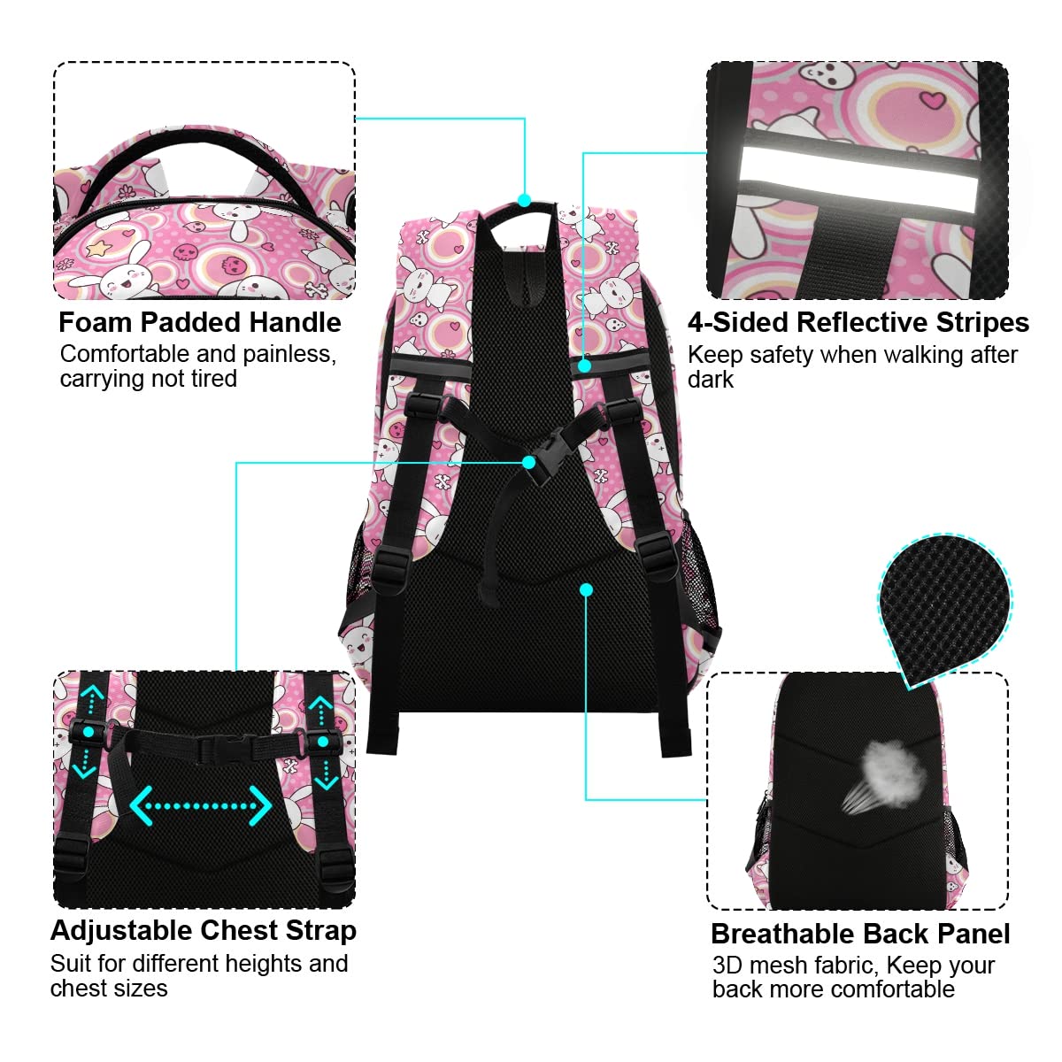 **MNSRUU Cute Doodle Kawaii Rabbit Laptop Backpack for School, Travel & Hiking - Adjustable Chest Strap, Lightweight Rucksack for Boys & Girls - Perfect for College, Work & Outdoor Adventures**