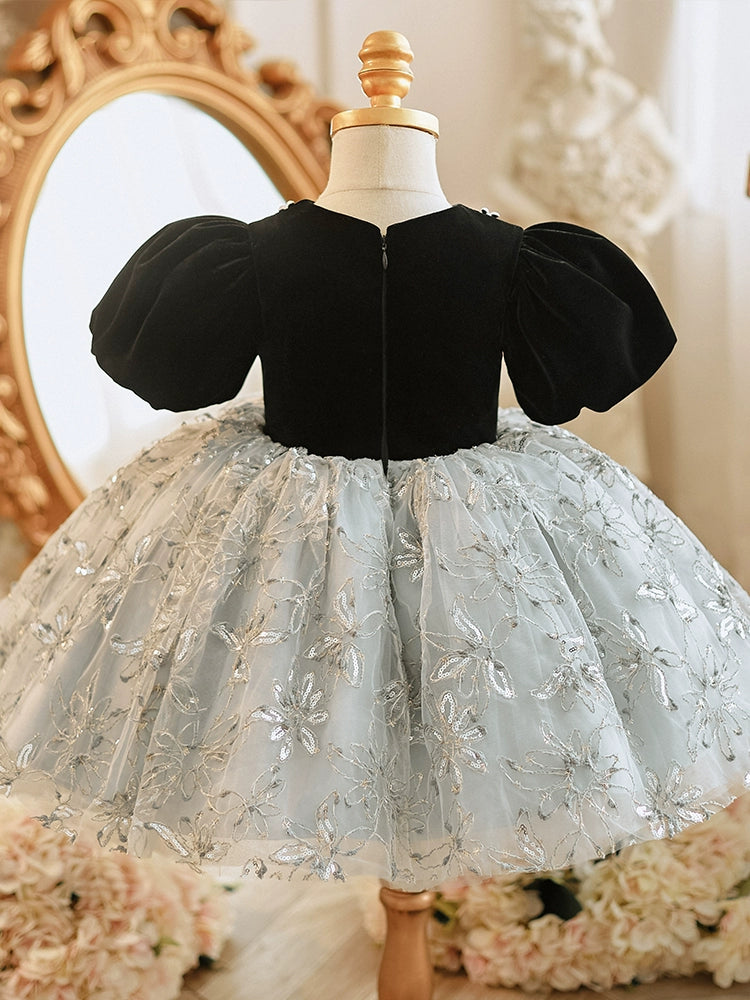 Black Princess Round Tea Length Lace Flower Girl Dress for Weddings, Birthday Parties & Special Occasions