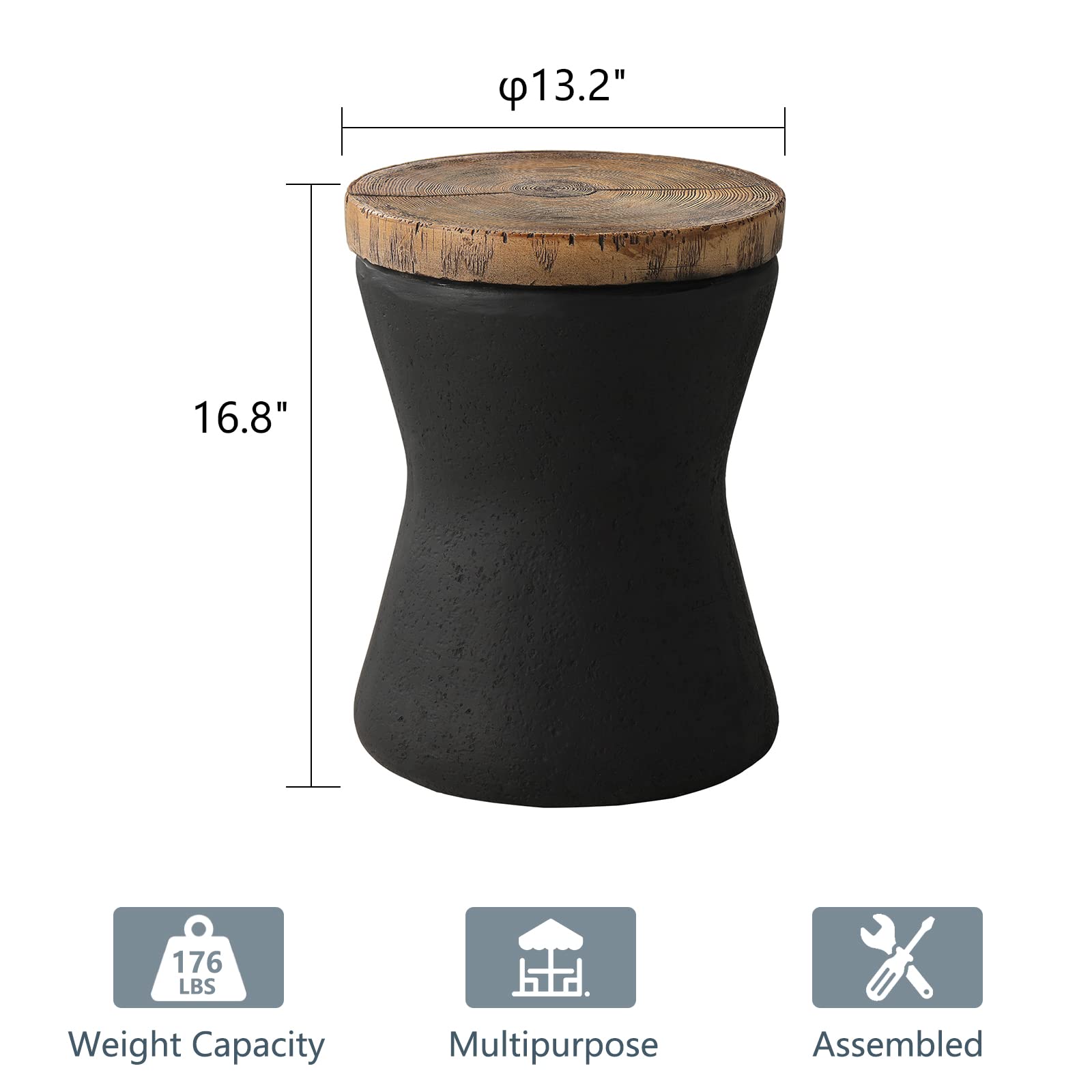 2-Piece Outdoor End Table Set with Faux-Wood Top & Black Base - Hand-Painted Tree Trunk Slice Design - Perfect as Accent Stool, Plant Stand or Patio Side Table for Garden, Balcony and Backyard Decor