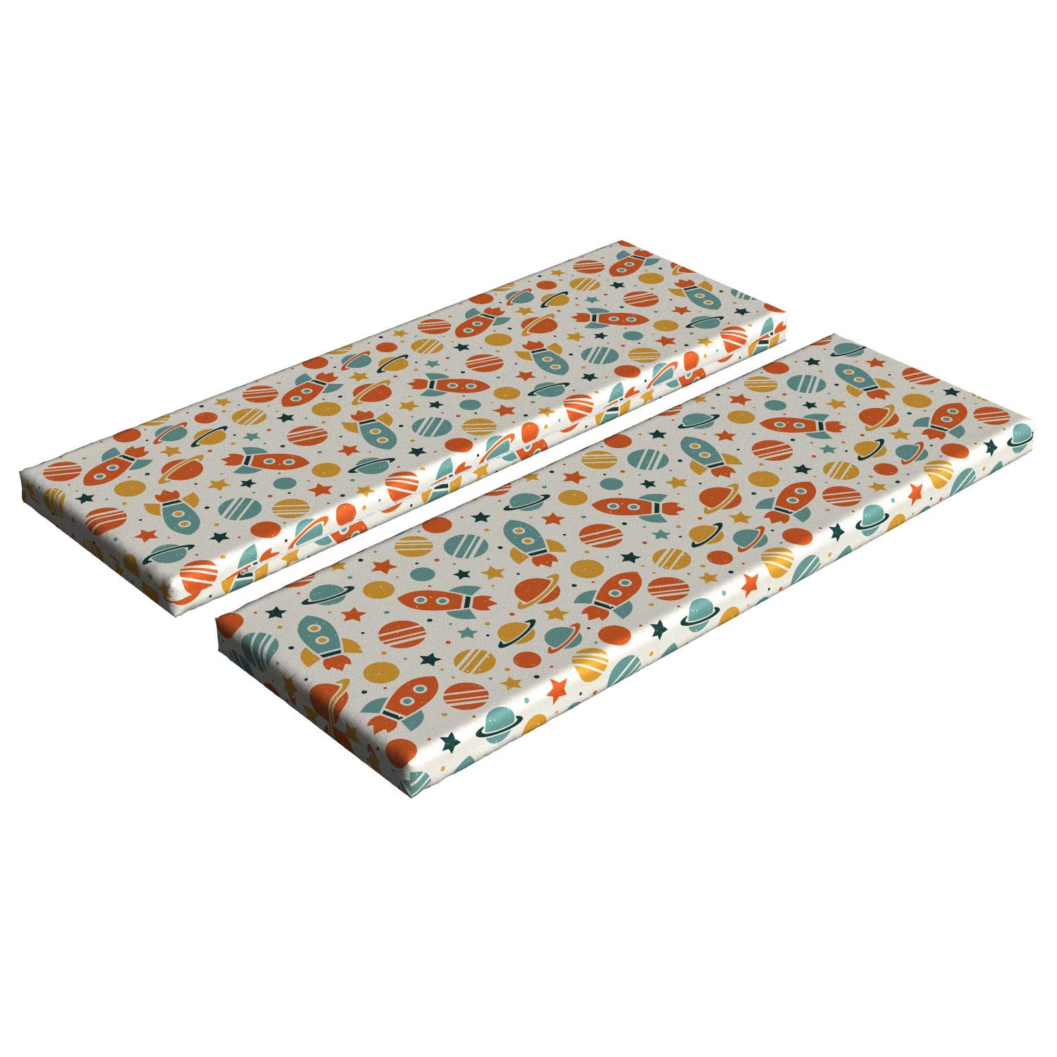 Ambesonne 2-Piece Space Bench Cushion Set - Colorful Universe Design with Planets, Stars & Rockets, Grunge Effect, 45