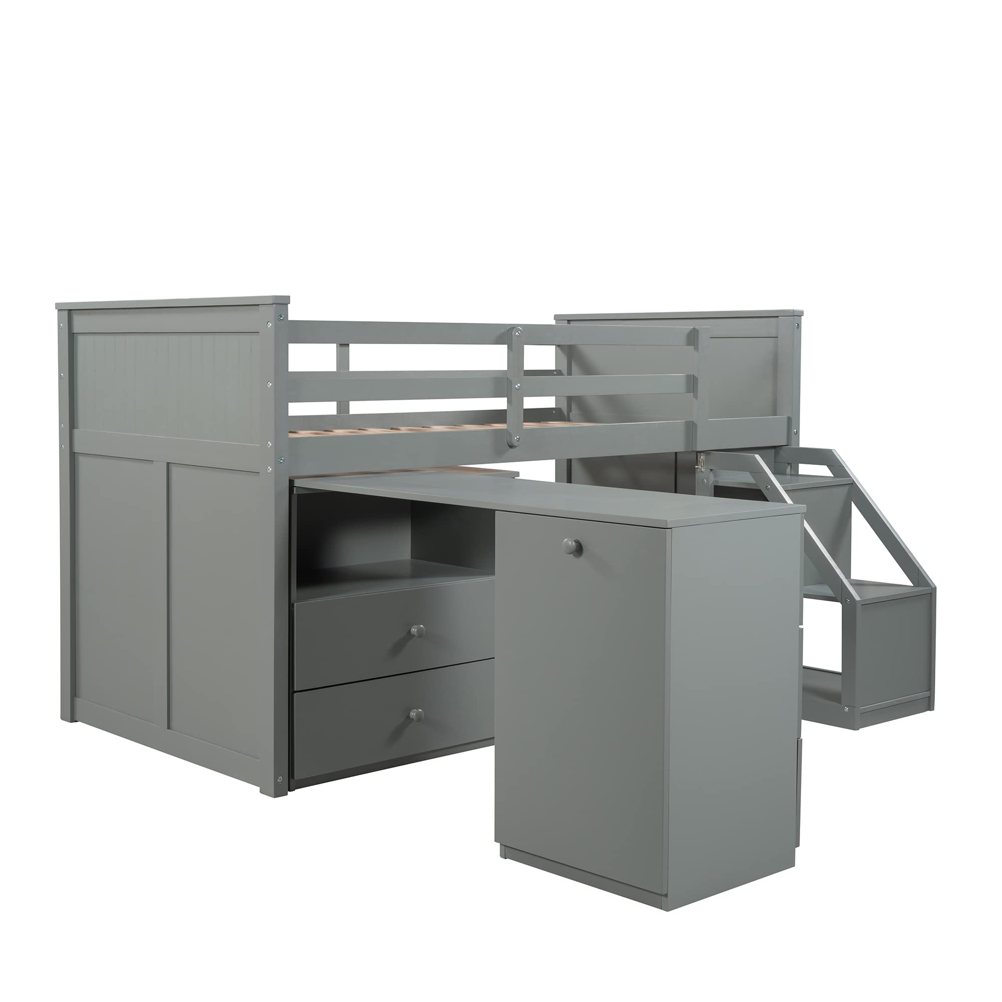 SOFTSEA Kids Loft Bed with Desk & Storage - Twin Study Bed for Small Spaces (Gray)