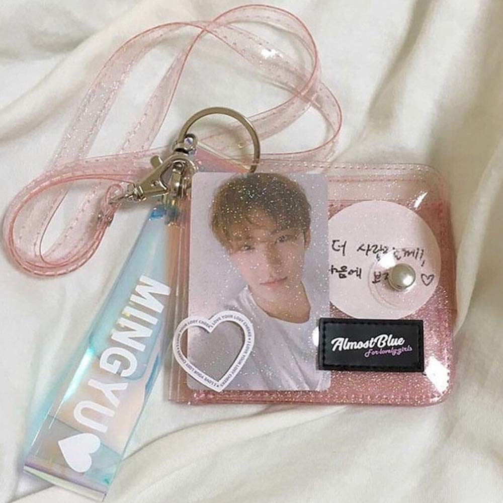 Clear PVC Glitter Card Holder Wallet for Women - Transparent ID Case with Neck Lanyard, Folding Design for Cash, Coins & Photos (Pink) - Perfect for Travel, Work & Everyday Use