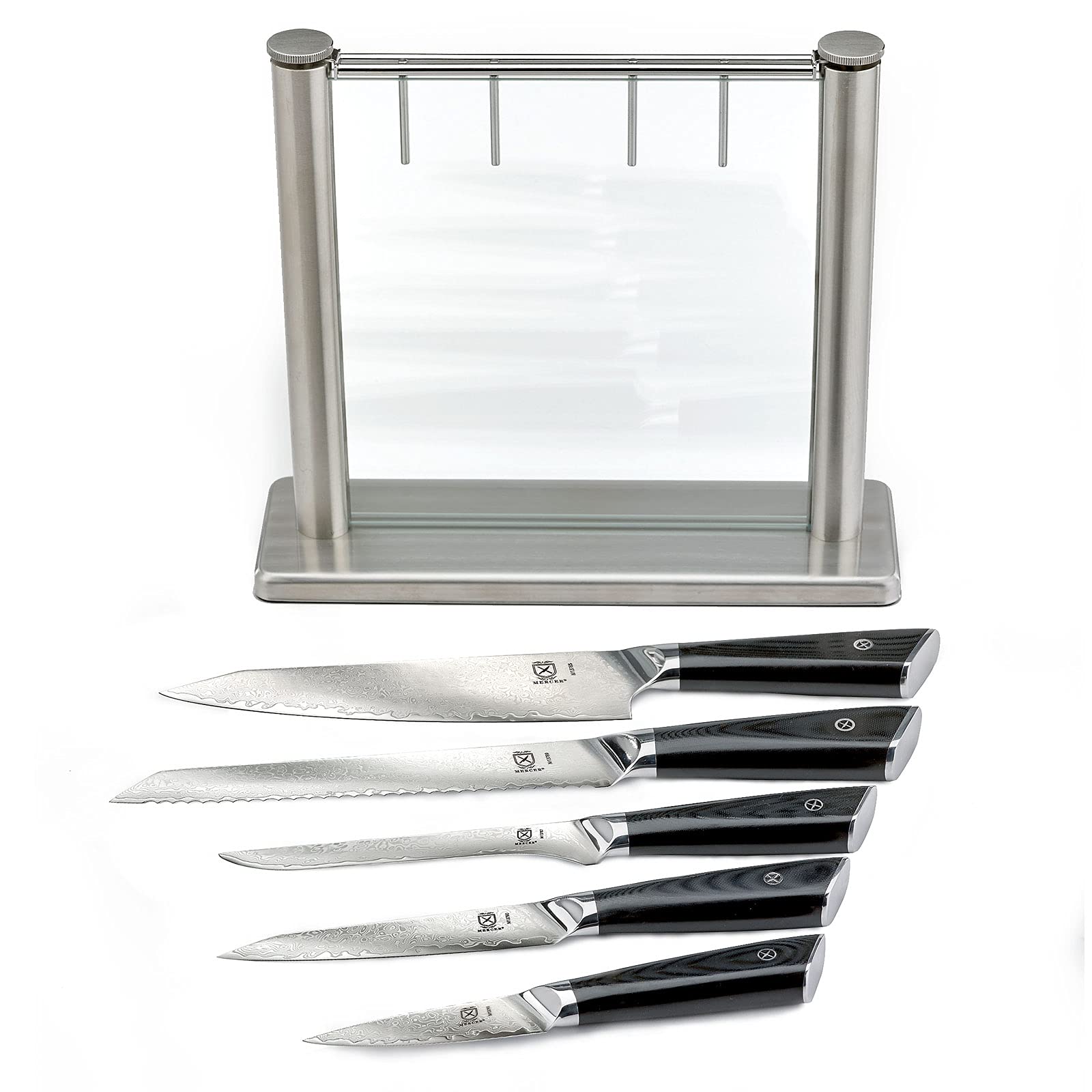 Premium Mercer Culinary 6-Piece Super Steel Knife Set with Glass Block Stand & Ergonomic G10 Handles - Professional Chef Knives for Kitchen, Cooking, Slicing & Food Prep