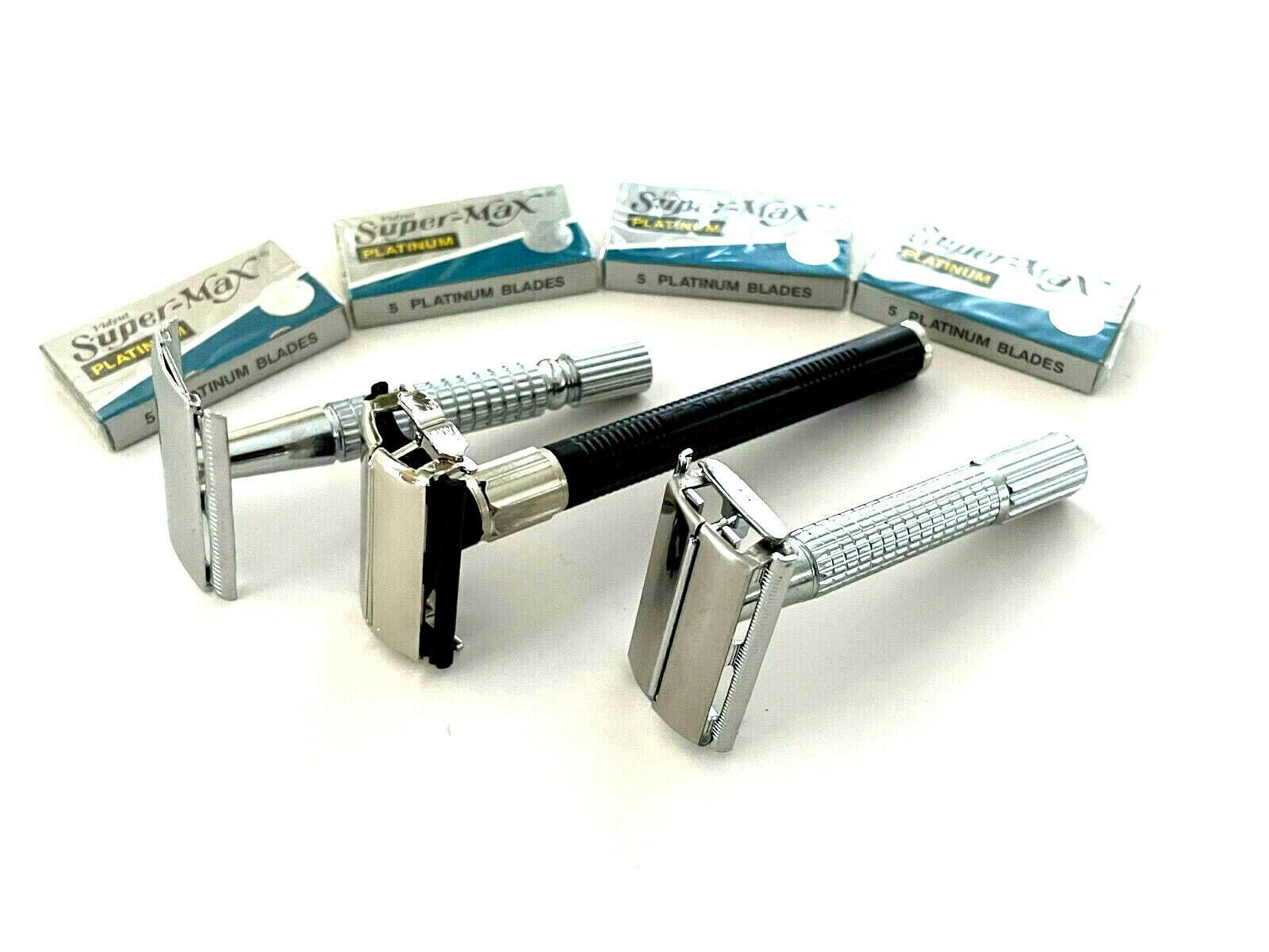 3-Piece Classic Safety Razor Set for Men - Old School Old Timers Design with 20 Double Edge Razor Blades - Perfect Gift for Shaving Enthusiasts & Barber Shop Use