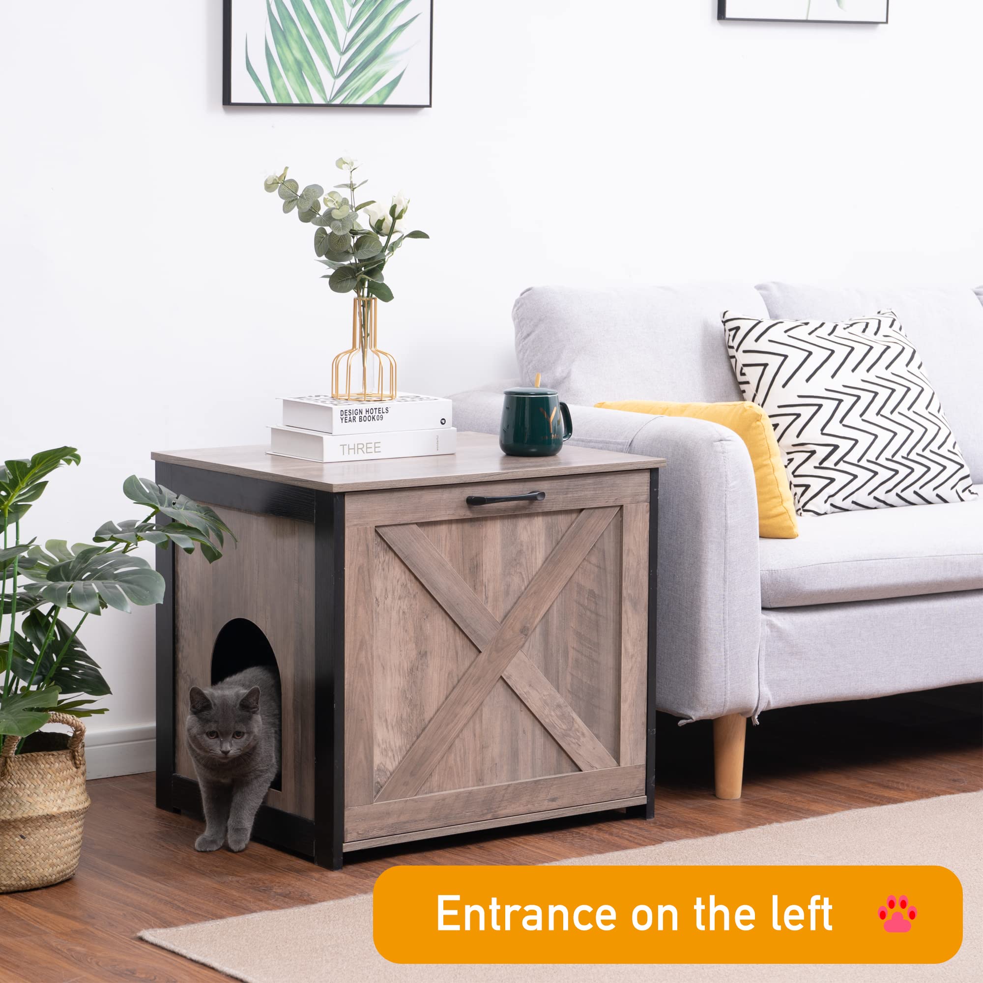 Dwanton Hidden Cat Litter Box Furniture - Wooden Washroom Enclosure with Reversible Left/Right Entrance, Greige Indoor Cabinet (23.6