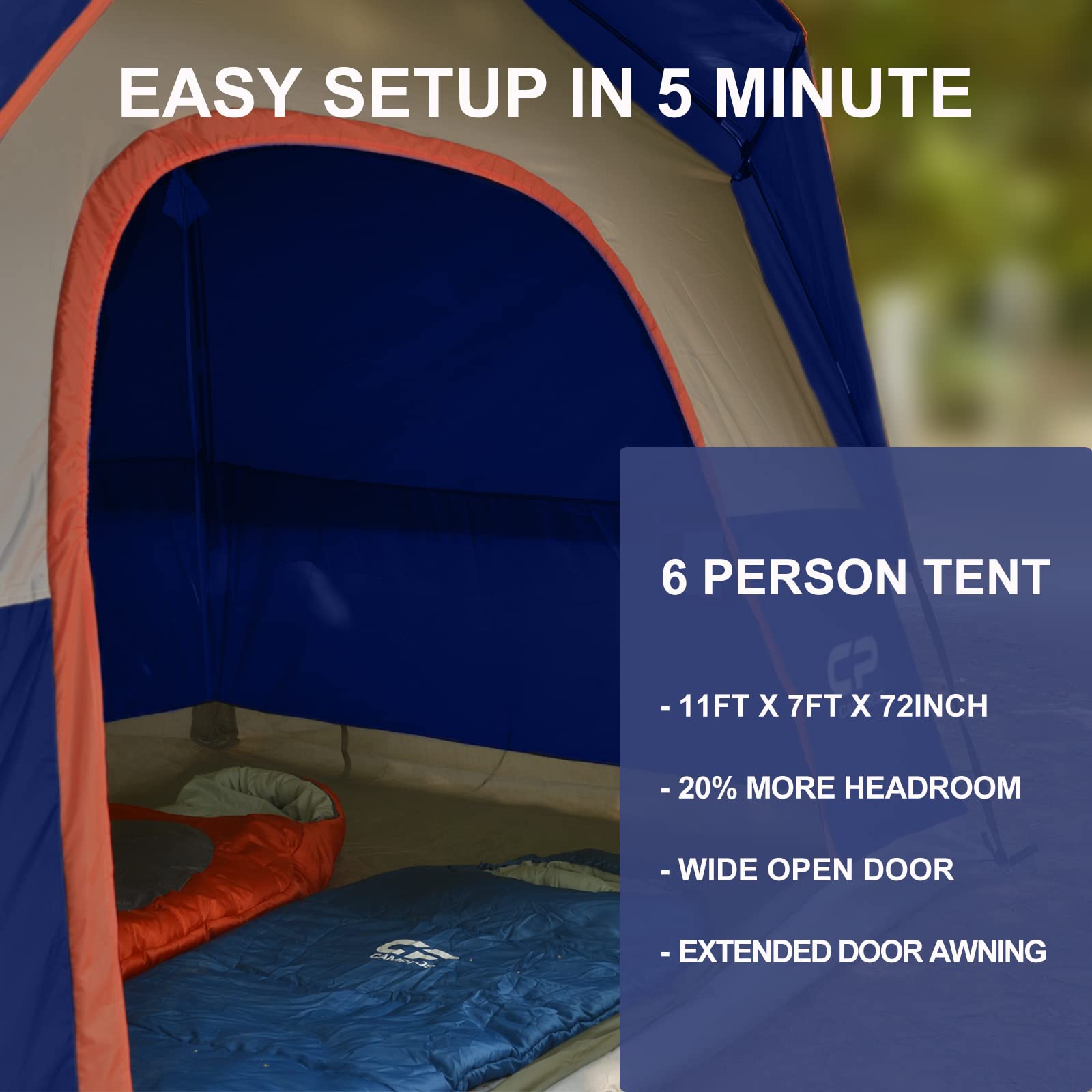 CP Tent 3/4/6/8 Person Waterproof Windproof Family Camping Tent with Rainfly - Large Mesh Windows & Wide Door for Easy Setup - Portable Dome Tent with Carry Bag - Perfect for Outdoor Adventures, Family Camping Trips & Backpacking