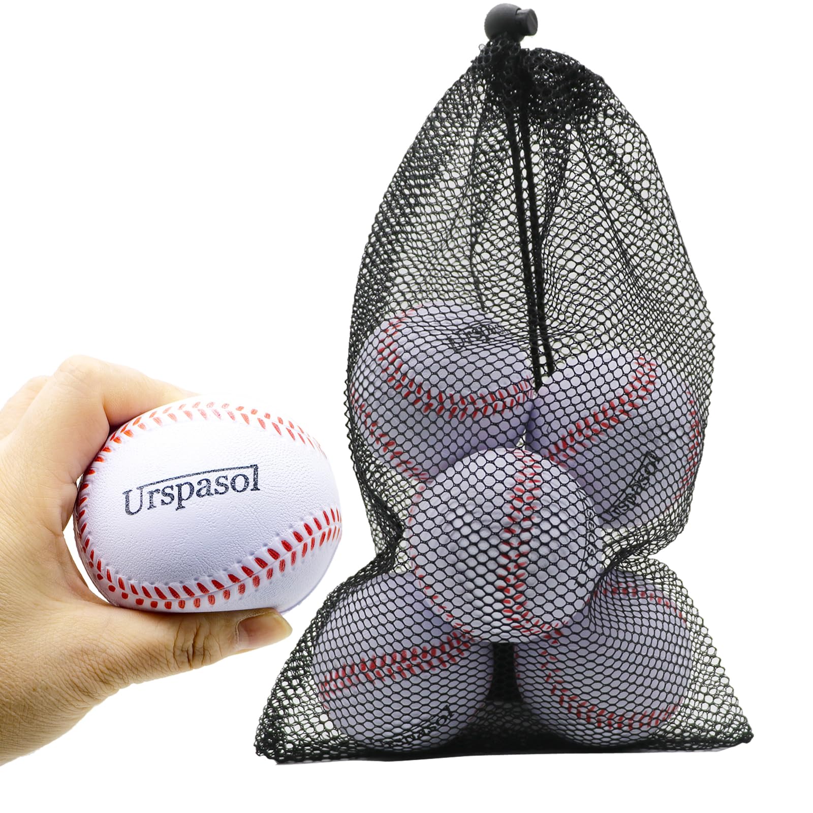 **Urspasol 6 Pack Soft Foam Baseballs with Mesh Bag - Safe Training Balls for Youth & Teen Players - Indoor/Outdoor Practice, T-Ball, Backyard Games, School PE Class**