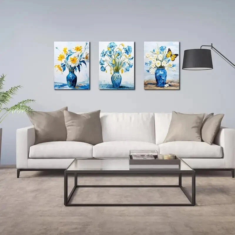3-Piece White and Blue Daisy Metal Print Art in Pretty Vase - Ready to Hang Wall Decor for Living Room, Bedroom & Office