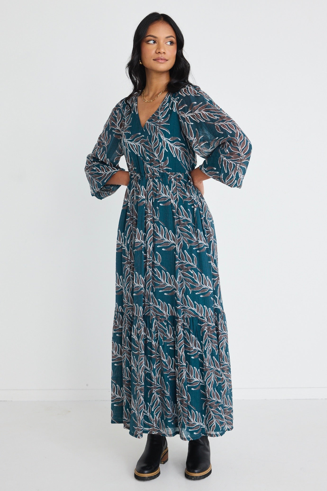 Aroha Forest Leaves Long Sleeve V-Neck Tiered Tie Waist Maxi Dress for Women - Boho Floral Summer Beach Wedding Party Dress