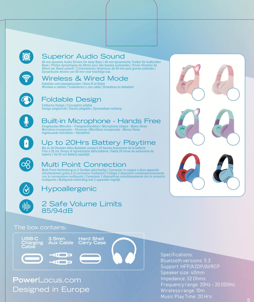 PowerLocus Kids Wireless Bluetooth Headphones with Microphone - Foldable Over-Ear Design, 85DB Volume Limit, SD Card & FM Radio - Compatible with Phones, Tablets, PC - Perfect for School, Travel & Home Learning