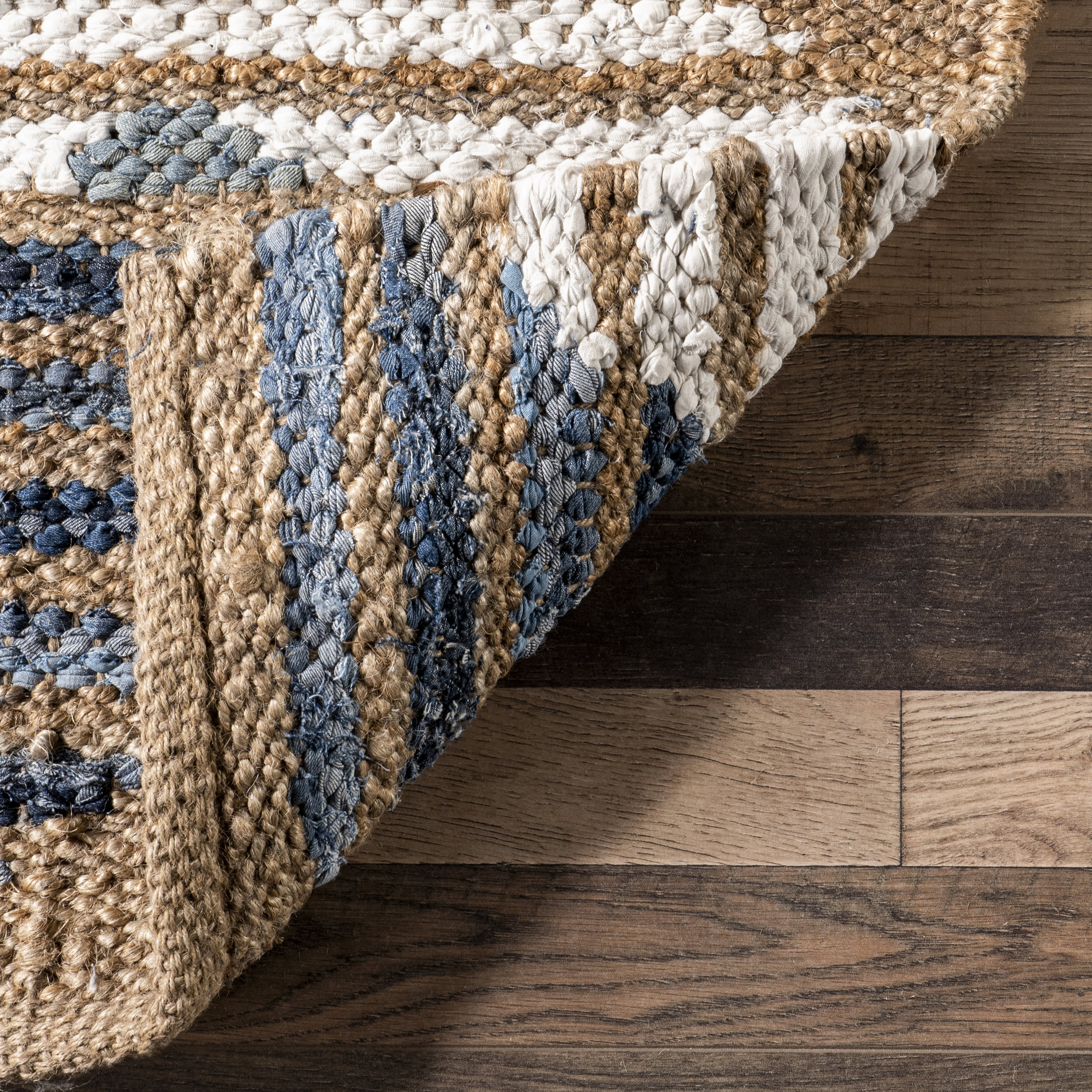 Hand Braided Denim and Jute Striped Diamond Area Rug - Off White | Boho Chic Home Decor for Living Room, Bedroom, or Nursery