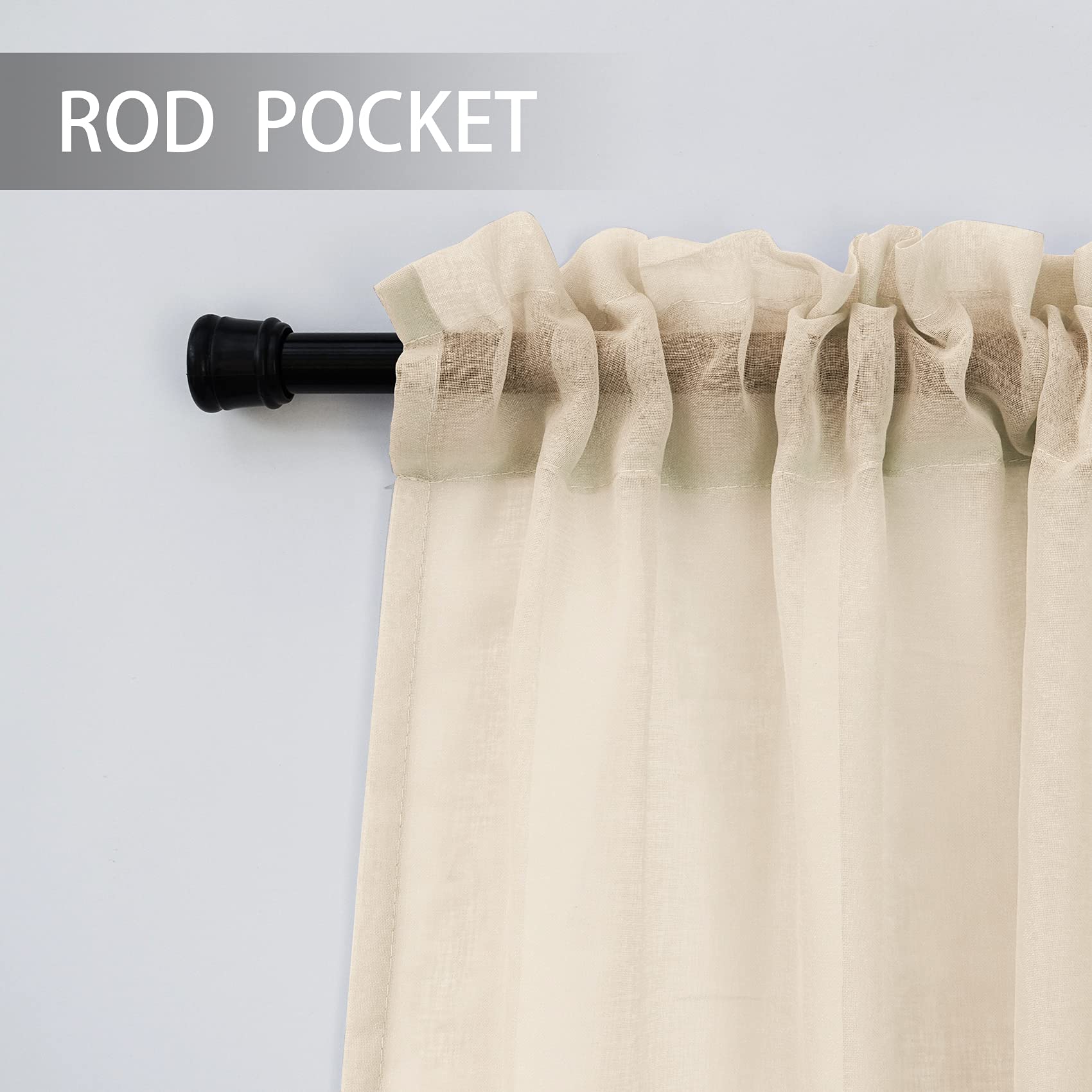 Beige Sheer Curtain Panels 24 Inch - Linen Textured Voile Cafe Curtains for Kitchen, Bathroom, Basement & Cabinet - 2 Panels with Rod Pocket - Perfect for Small Windows, Half Windows & Mini Doors