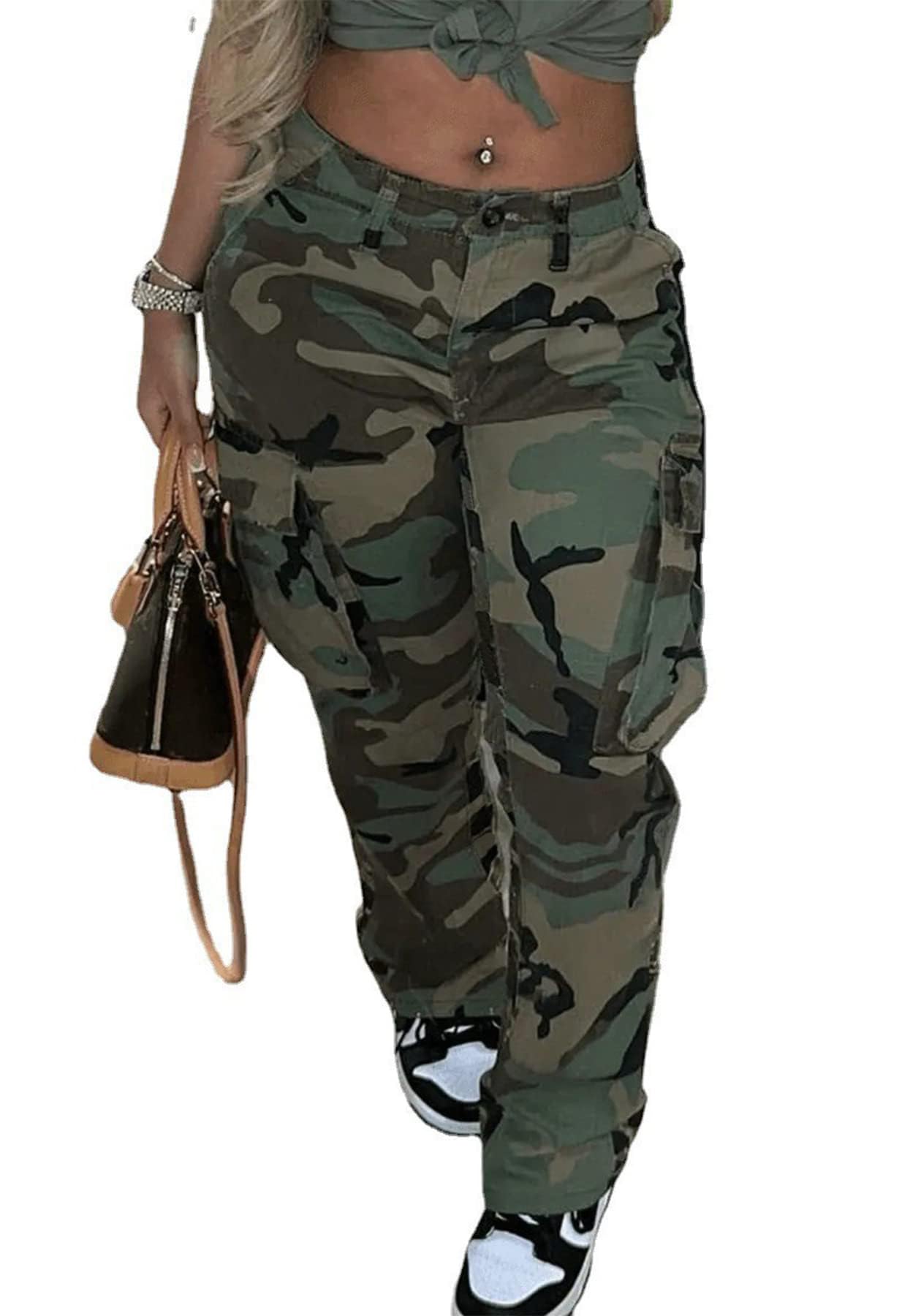 Vakkest Women's Oversized Camo Cargo Jogger Pants - Workout Sweatpants with Pockets | Army Fatigue Camouflage Design for Casual Wear, Gym & Outdoor Activities