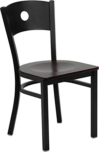 10 Pack Black Metal Restaurant Chairs with Mahogany Wood Seats - Durable Circle Back Dining Chairs for Cafes, Bistros & Home Kitchens