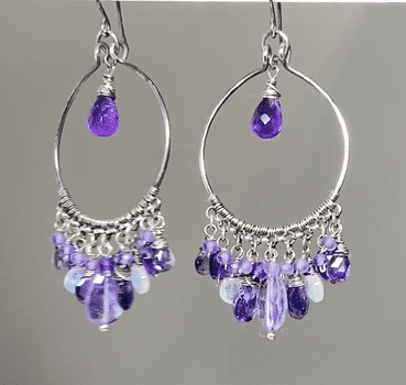 Blue Purple Gemstone Chandelier Hoop Earrings - Oxidized Silver Jewelry for Women, Elegant Dangle Earrings for Party, Wedding & Special Occasions