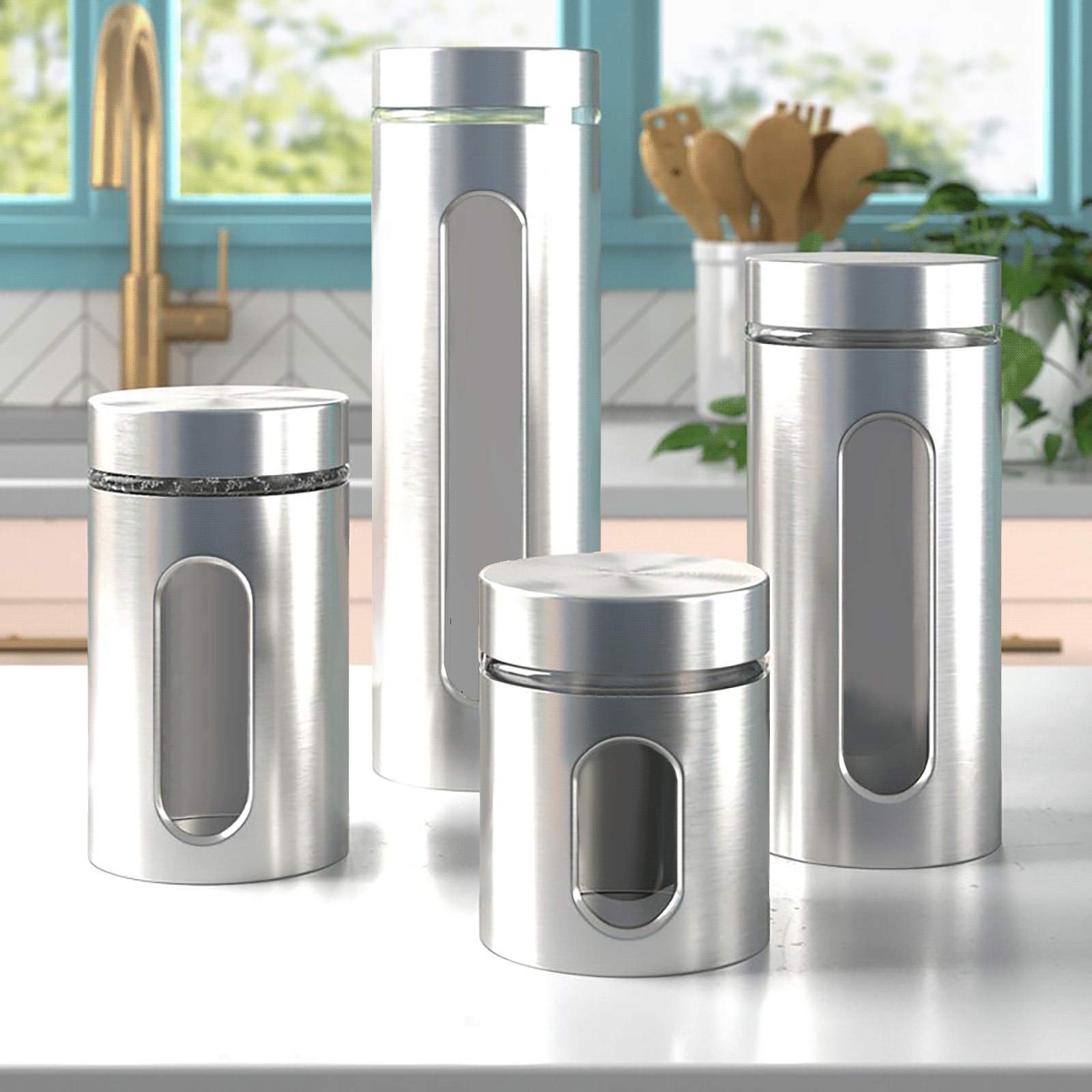 Premium 4-Piece Stainless Steel Food Storage Canister Set with Glass Window & Airtight Lids - Kitchen Countertop Pantry Organization for Coffee, Flour, Rice, Pasta, Spices & Herbs - Ideal for Baking, Cooking & Home Kitchen Storage