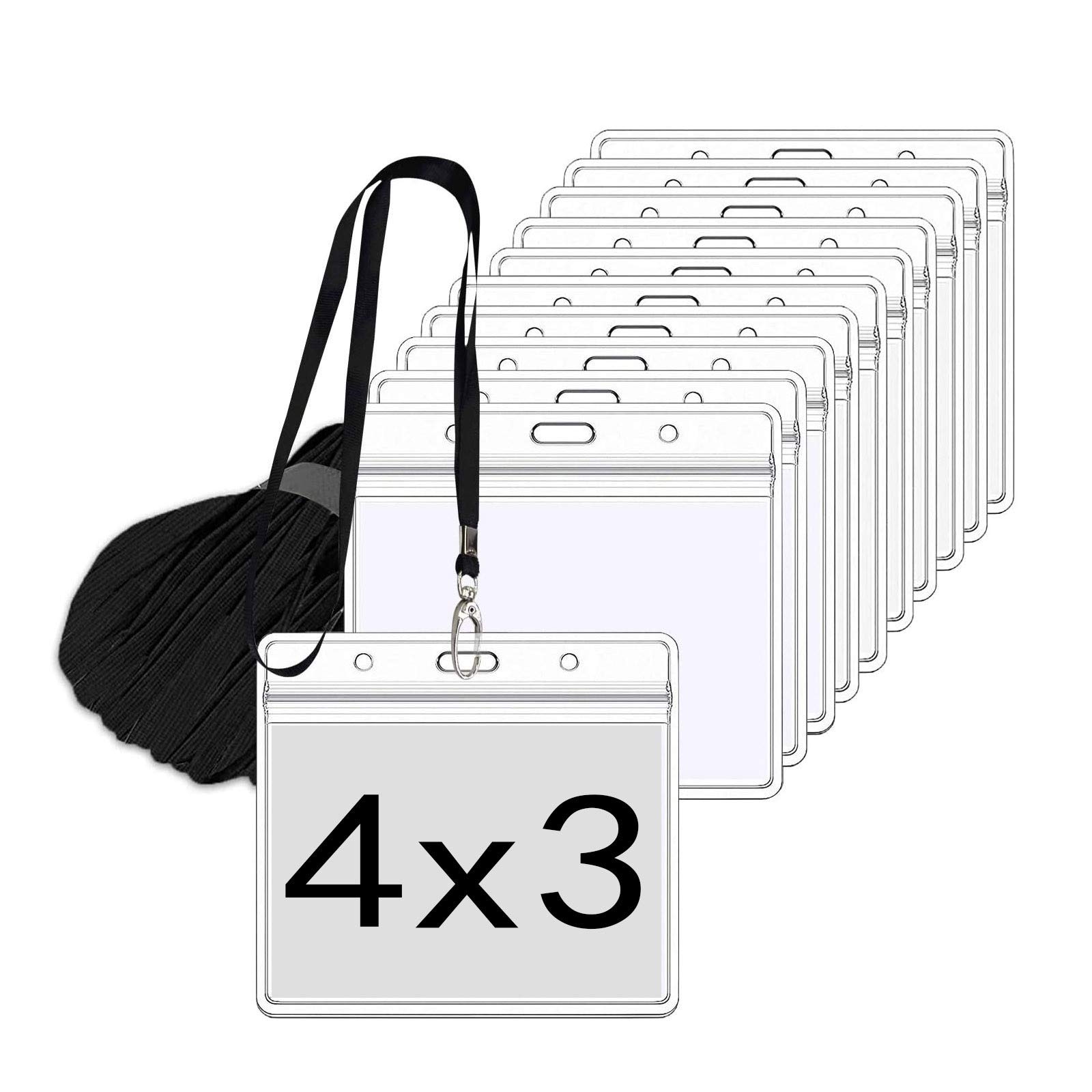 Waterproof PVC Soft Card Holder with Lanyard - 10 Pack Clear Plastic ID Badge Protector with Ziplock Seal for Office, School, Events & Conventions - Horizontal Name Tag Holder for Employees, Students & Visitors