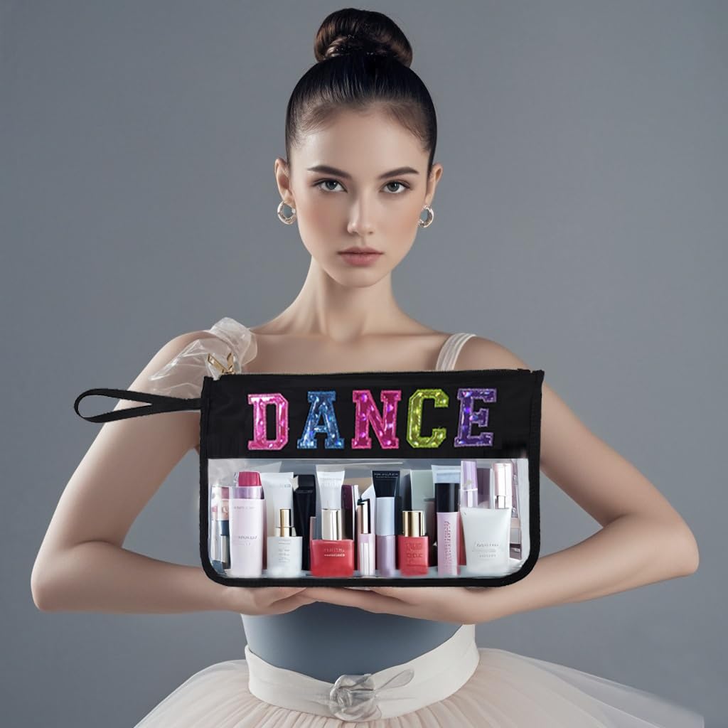 Waterproof Clear Makeup Bag with Double Zipper - Letter Patch Cosmetic Organizer for Travel, Toiletry Pouch - Perfect Gift for Teachers, Nurses, Dancers (Black Dance Design) - Ideal for Gym, Work, Vacation & Daily Essentials Storage
