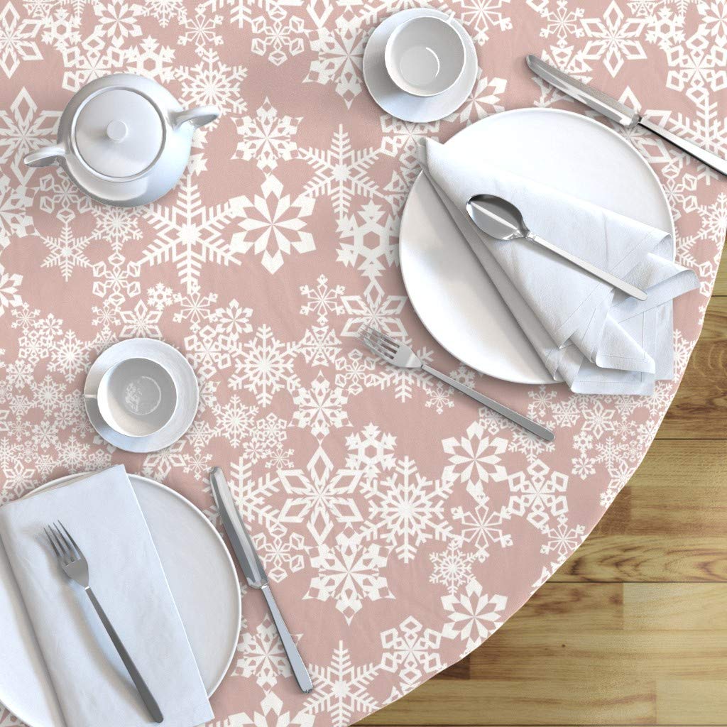 Christmas Snowflakes Winter Snow Dusty Rose Pink White Holiday Stars Print Cotton Sateen Tablecloth - 90
