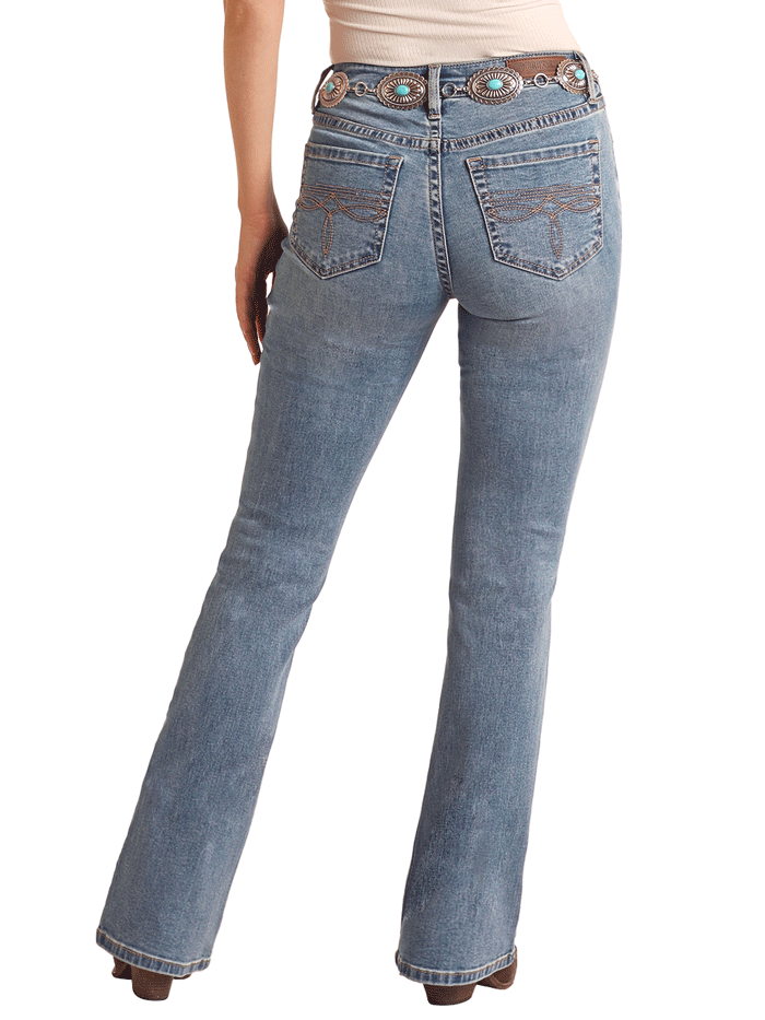 Rock & Roll Denim BW4MD06031 Women's Boot Stitch Mid Rise Bootcut Jeans - Medium Wash Denim Pants for Casual Wear & Night Out
