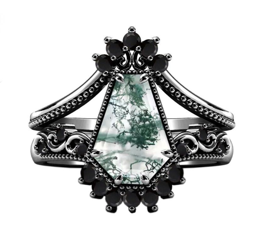Vintage Art Deco Coffin Shaped Moss Agate Engagement Ring Set - 925 Sterling Silver Wedding Band, Anniversary Gift for Women - Perfect for Bridal Jewelry, Christmas Presents & Special Occasions