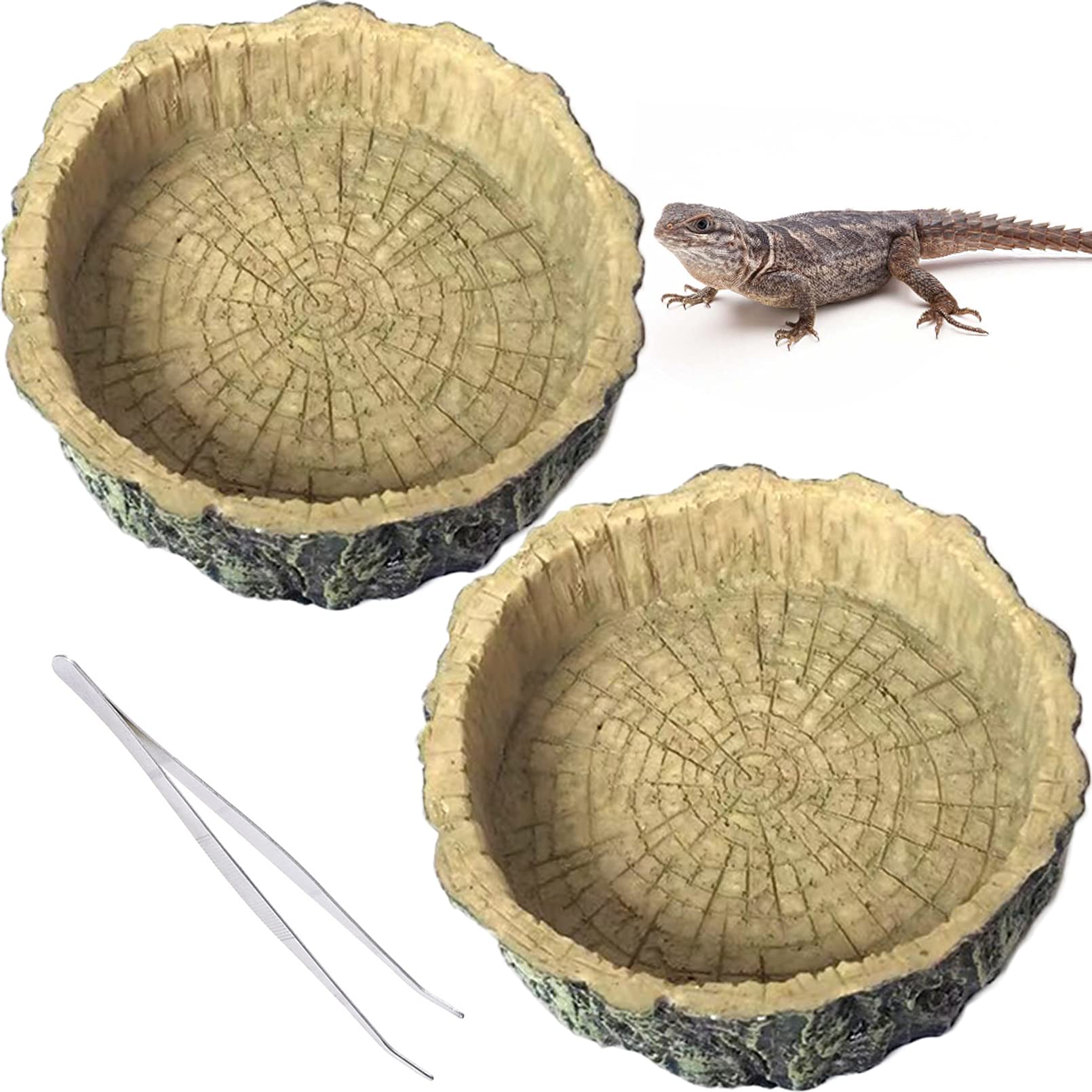 Hamiledyi 3 Pack Reptile Water Dish & Food Bowl Set - Resin Bearded Dragon Rock Feeder with Feeding Tweezers for Leopard Gecko, Lizard, Frog, Snake, Chameleon, Tortoise - Perfect for Terrarium Habitat & Easy Feeding