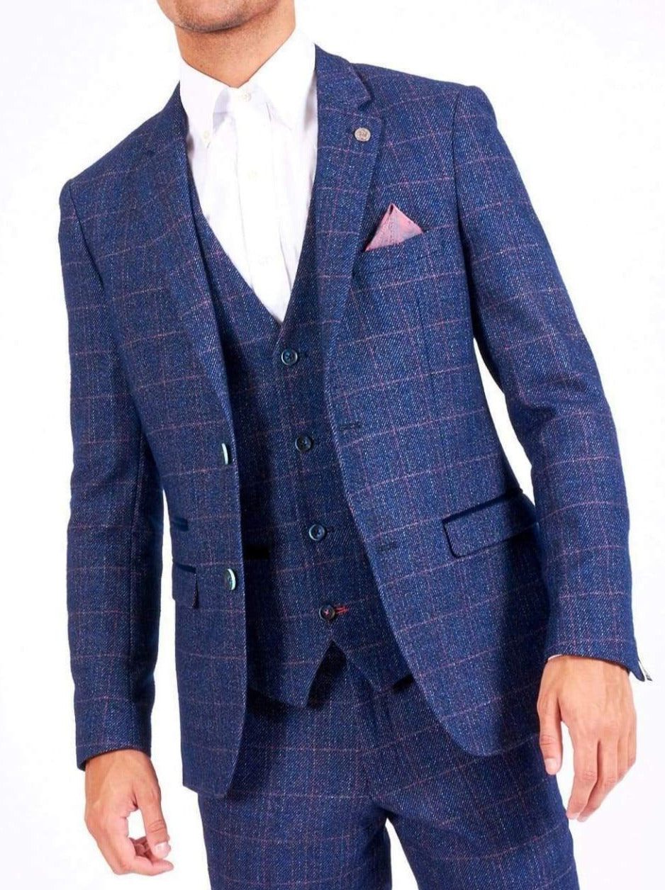Marc Darcy Harry Men's Indigo Blue Slim Fit Tweed Check Suit Jacket - Formal Business Blazer for Weddings, Office & Special Occasions
