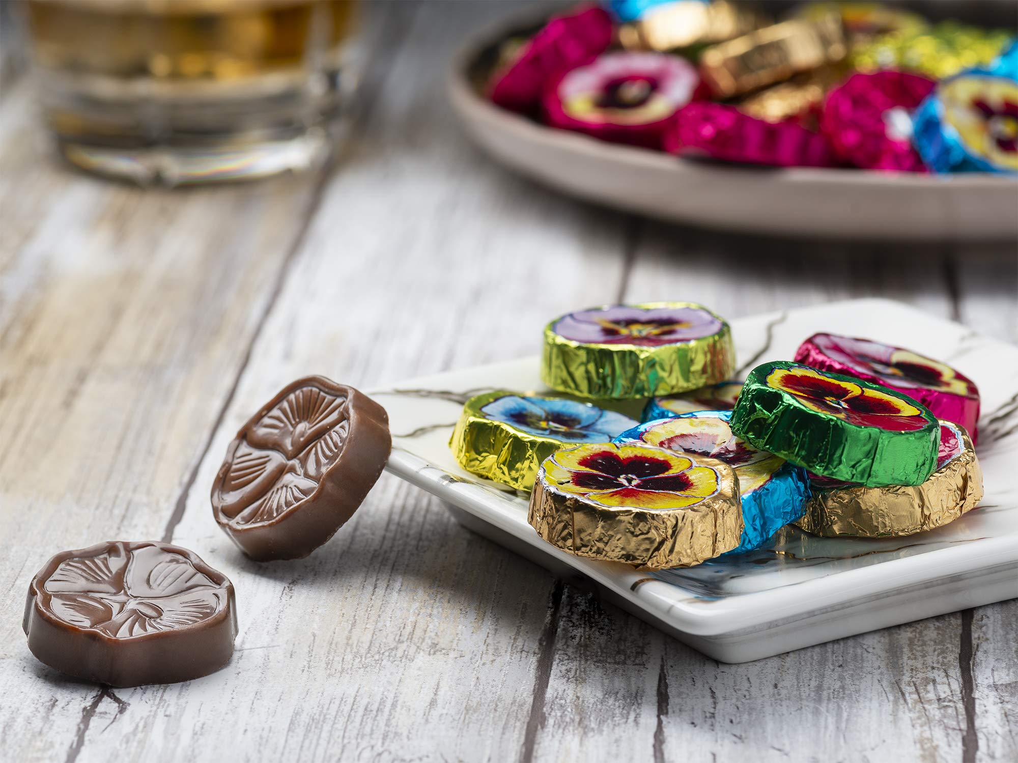 Premium Madelaine Solid Milk Chocolate Pansy Flowers - Handmade Belgian Chocolate Wrapped in Colorful Italian Foil (1/2 LB) - Perfect for Gifts, Weddings & Special Occasions