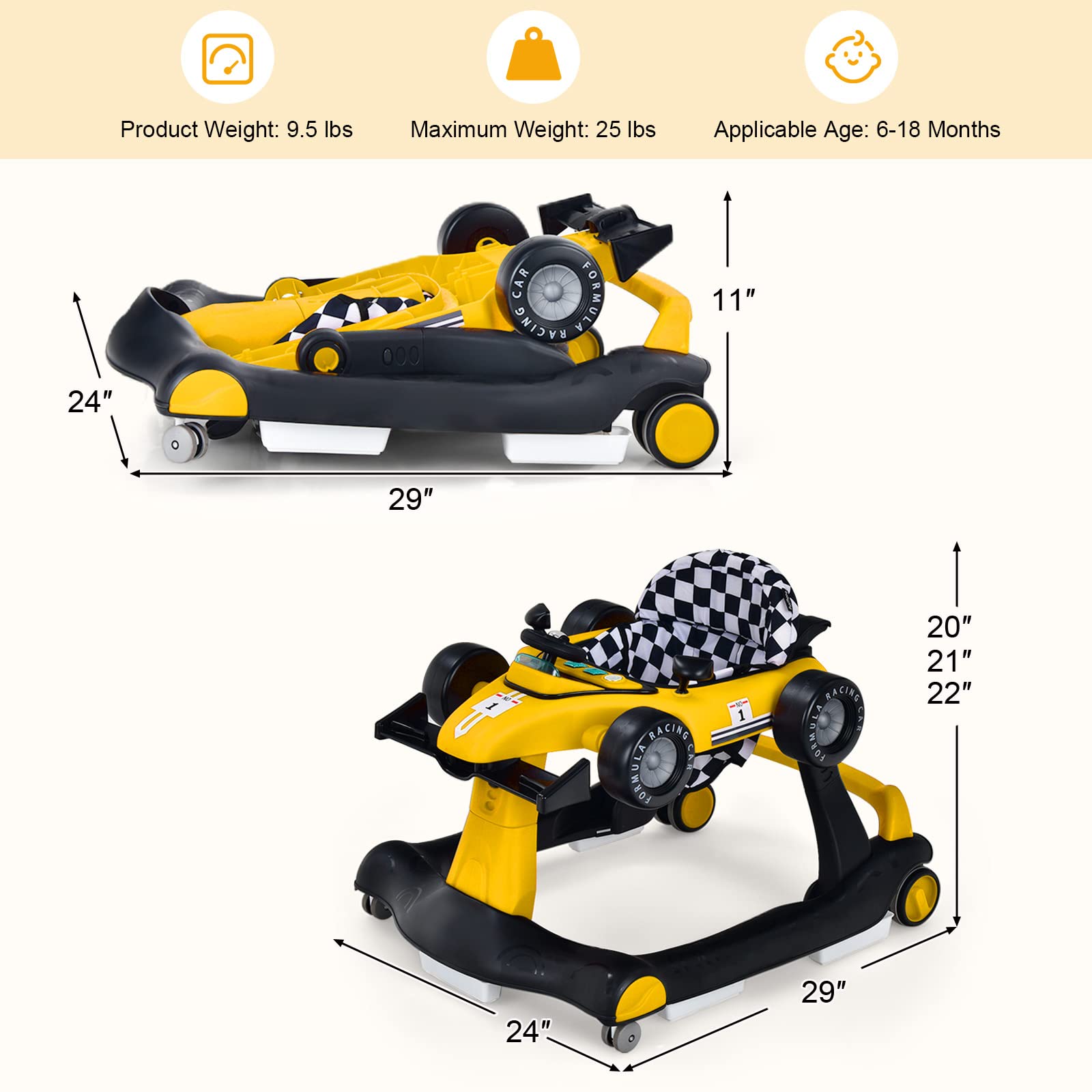 **HONEY JOY 4-in-1 Baby Walker & Activity Push Walker – Adjustable Height (3 Levels), Smooth Wheels with Speed Control, Padded Seat, Music & Lights, Foldable – Ideal for Boys & Girls 6+ Months (Yellow) – Perfect for Learning to Walk, Playtime & Indoor Exploration**
