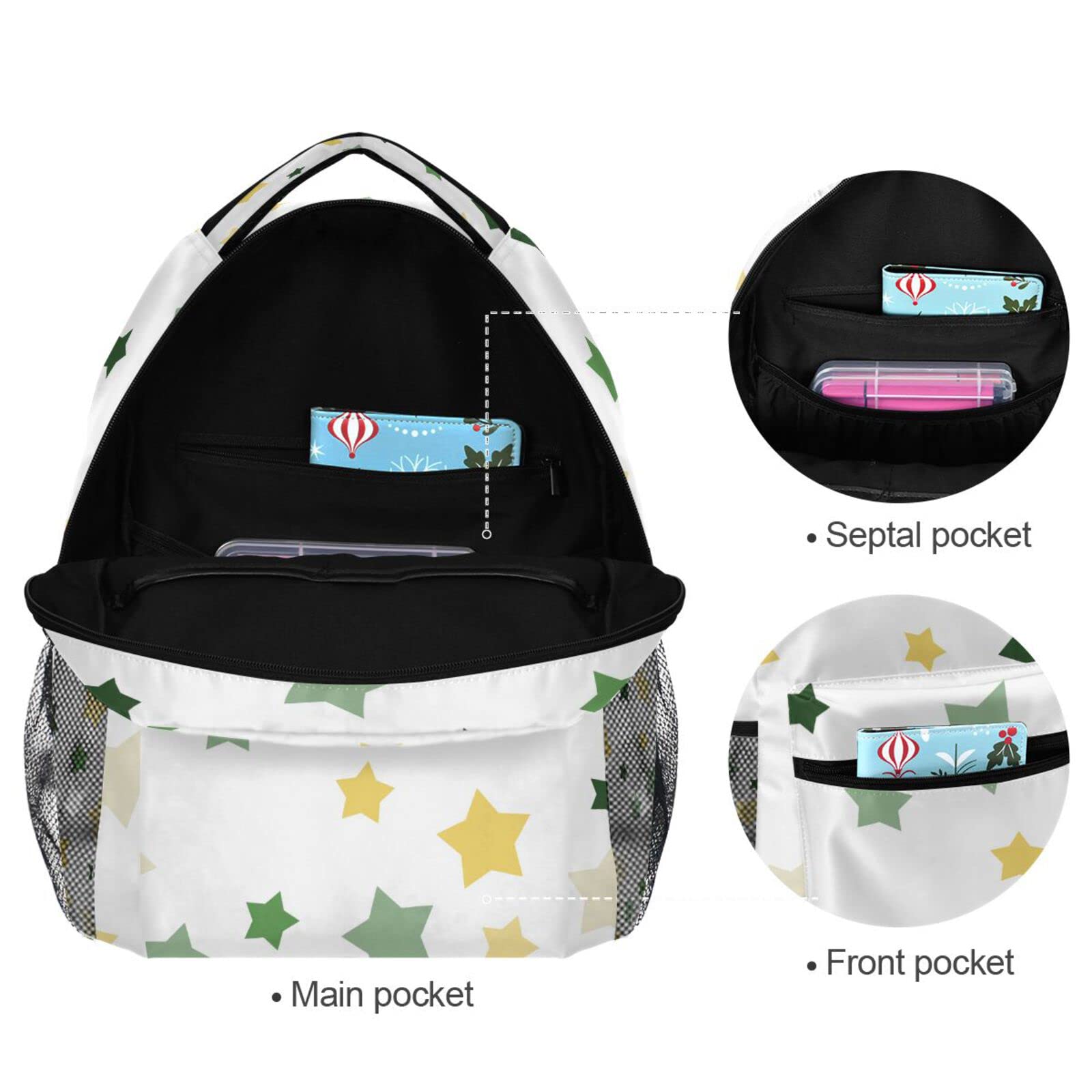 Acpiggto Colorful Stars & Polka Dots Backpack - Large Daypack with Laptop Compartment, Green Yellow White Rucksack for School, Travel & Work - Durable Shoulder Bag Bookbag for Students & Professionals