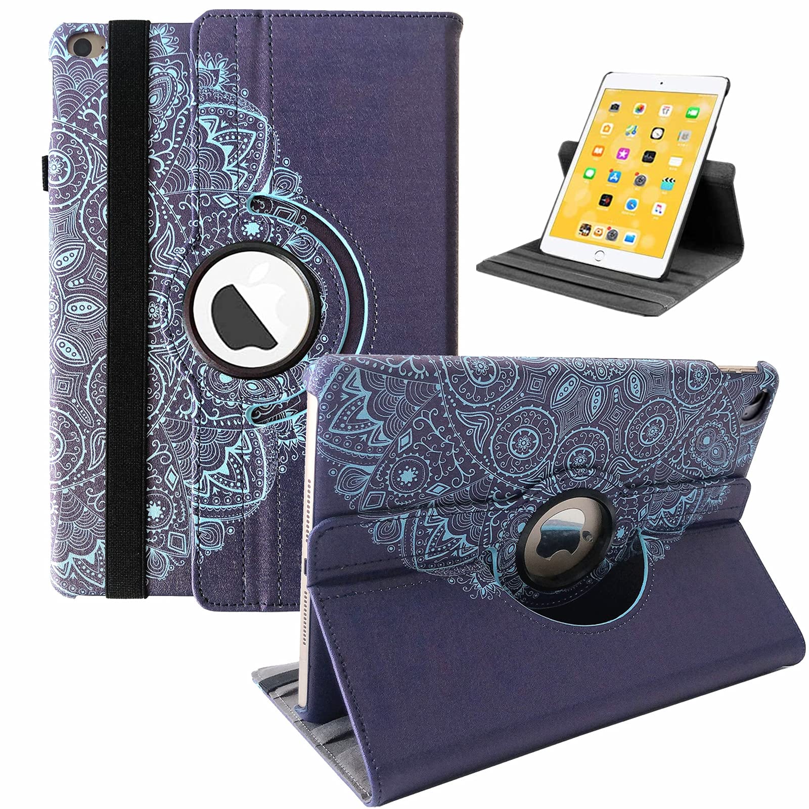 360° Rotating Smart Stand Protective Case for iPad 6th/5th Gen & iPad Air 2 (9.7 inch 2017/2018 Models) - Navy Mandala Design with Auto Sleep/Wake | Perfect for Work, Study & Entertainment