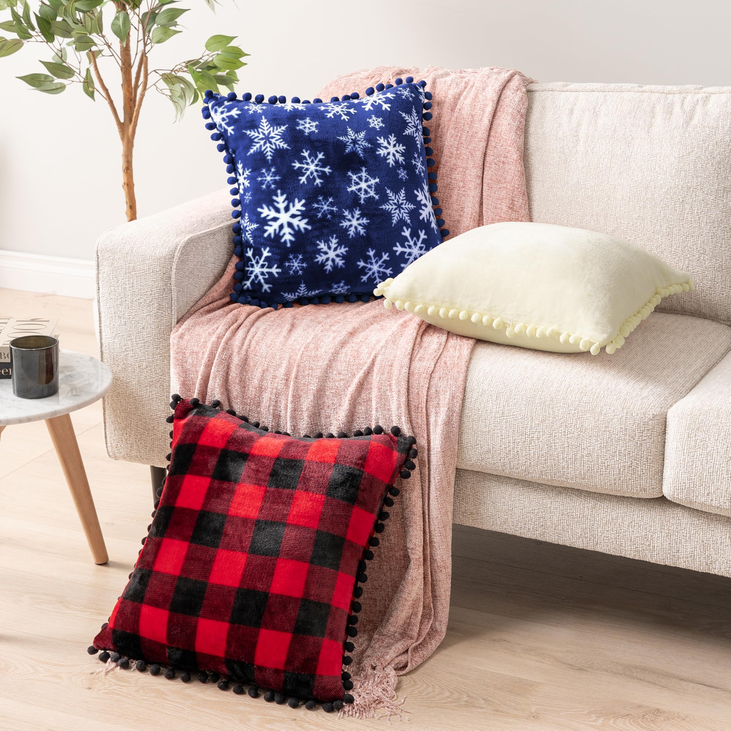 PAVILIA 18x18 Inch Blue Snowflake Throw Pillow Covers Set of 2 - Velvet Plush Pom Pom Decorative Cushion Covers for Sofa, Couch, Bed - Christmas Winter Holiday Home Decor for Living Room, Bedroom