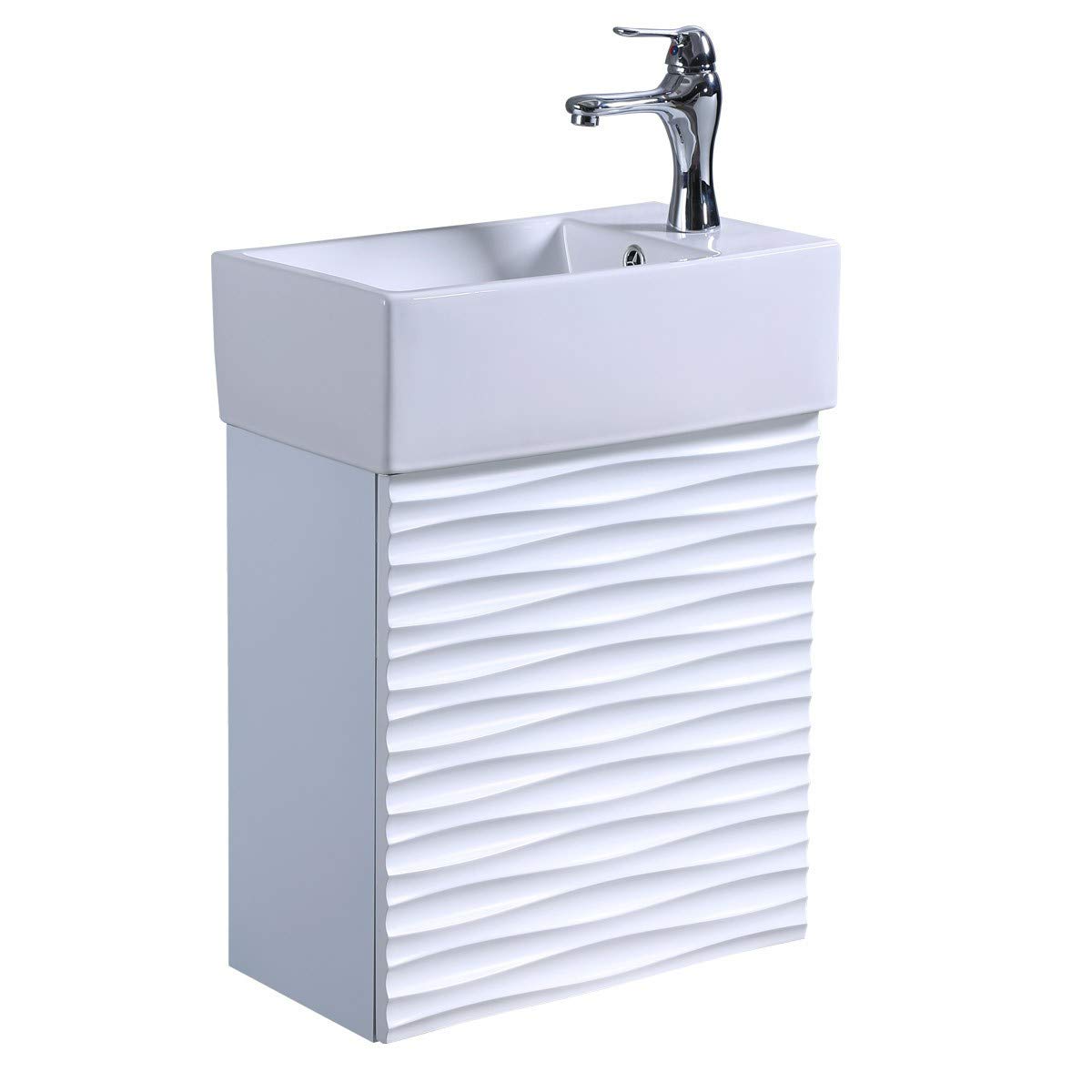 Renovators Supply Ripple Wall Mount Vanity Bathroom Sink Combo - Heavy Duty Porcelain White Vanity Cabinet with Sink, Chrome Faucet, Pop-Up Drain & Overflow - Perfect for Small Bathrooms, Powder Rooms & Space-Saving Designs