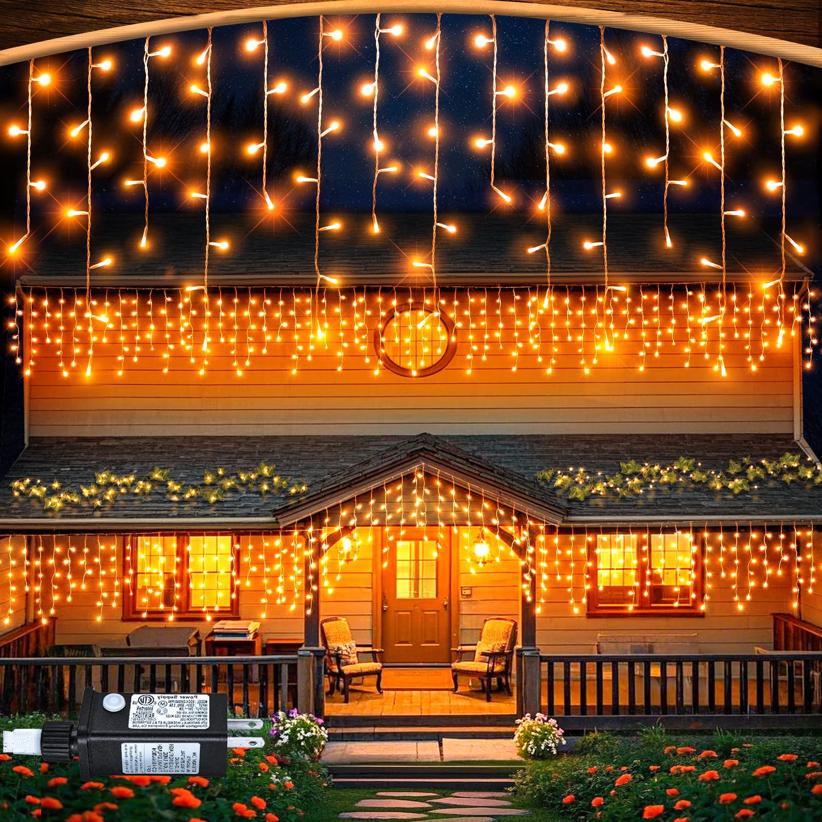 33 FT 400 LED Orange Icicle Christmas Lights Outdoor Waterproof with Timer & 8 Modes - Clear Wire Twinkle String Lights for Window, House, Patio, Yard, Wedding, Classroom, Festival Decor - Perfect for Holiday, Party & Winter Outdoor Decorations