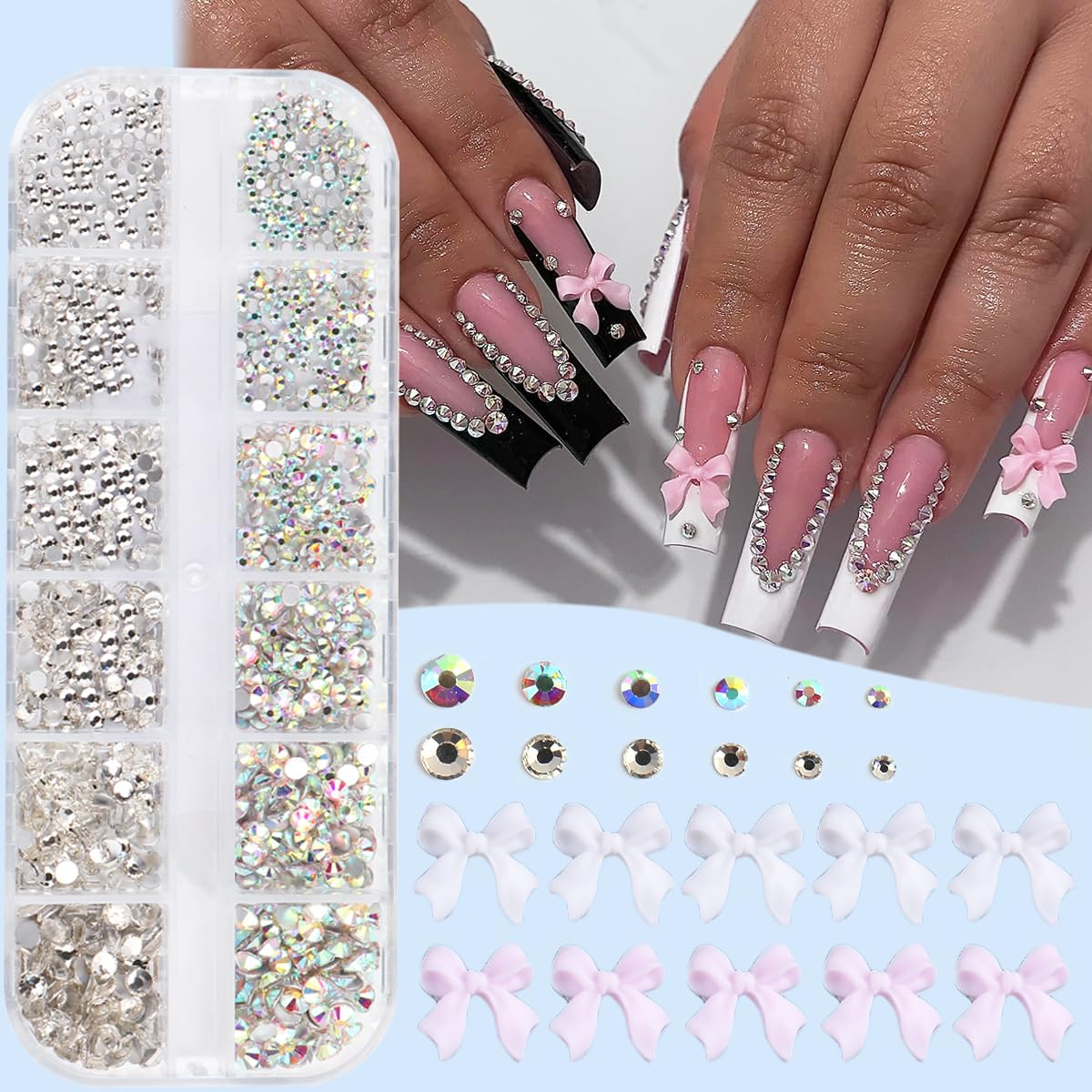 3D Nail Art Rhinestones Set - Half Round Pearl Beads, Flatback White Crystals & Flower Charms with Bow Decorations | Professional Nail Gems Kit with Picker Pencil | Perfect for DIY Manicures, Salon Nail Designs & Special Occasion Nail Art