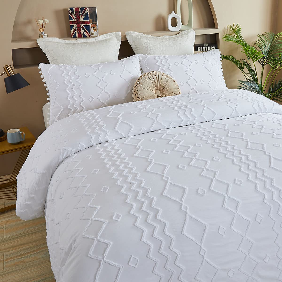 Boho Duvet Cover Queen Size - 3 Piece Cotton Farmhouse Bedding Set with White Pom Pom Trim | Reversible Soft Zipper Closure | Shabby Chic Home Decor for All Seasons | Perfect for Guest Rooms, Master Bedrooms & Cozy Boho Aesthetic