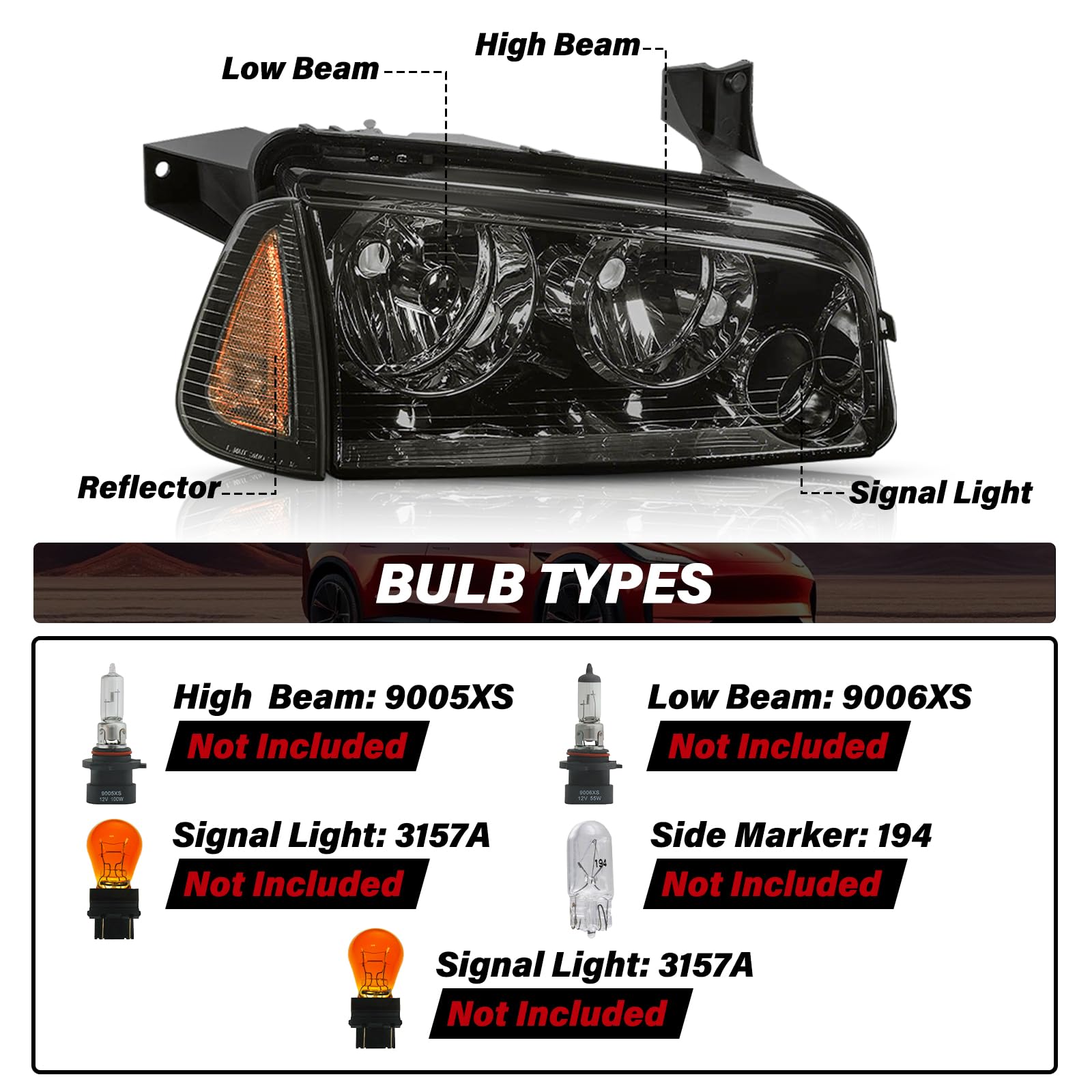 2006-2010 Dodge Charger Headlight Assembly - Black Housing Smoke Lens with Amber Reflector (Passenger & Driver Side) | Replacement Headlights for Improved Night Visibility & Style Upgrade