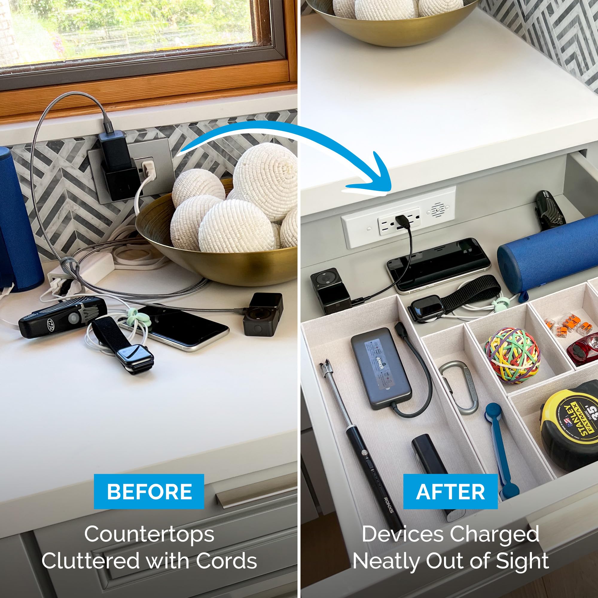 Docking Drawer Blade In-Drawer Power Outlet with Safety Shutoff - 2 USB-A Ports & 2 15 Amp AC Outlets - Stainless Steel for Kitchen, Office & Home Organization