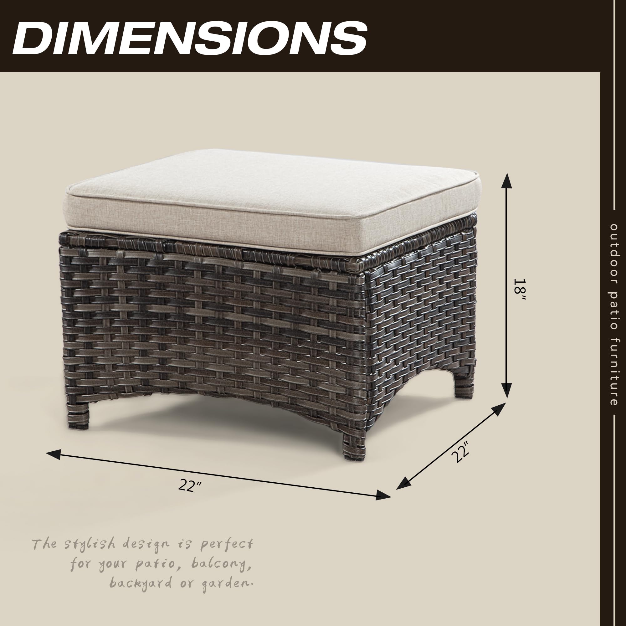 Joyside Outdoor Ottomans Set of 2 - PE Wicker Steel Frame Footstool with Removable Olefin Cushions for Patio, Garden, Backyard & Deck - Beige - Perfect for Relaxing, Entertaining & Outdoor Lounging