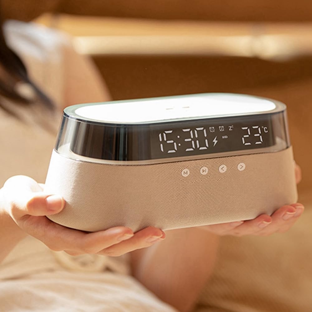 Colorful Wireless Bluetooth Speaker with Wireless Charging, Digital Display Clock & Night Light - Multi-Functional Music Desk Lamp for Home, Office & Bedroom Use