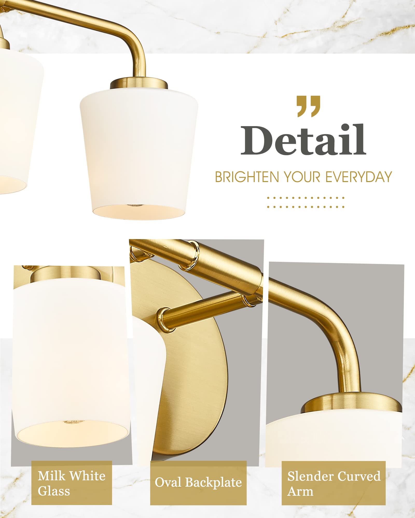 Brushed Gold Bathroom Vanity Light - Farmhouse Brass Wall Sconce with Milk White Glass Shades, 3-Light Champagne Bronze Fixture for Mirror Lighting (AD-22004-3W-GD) - Perfect for Bathroom, Powder Room, and Farmhouse Decor