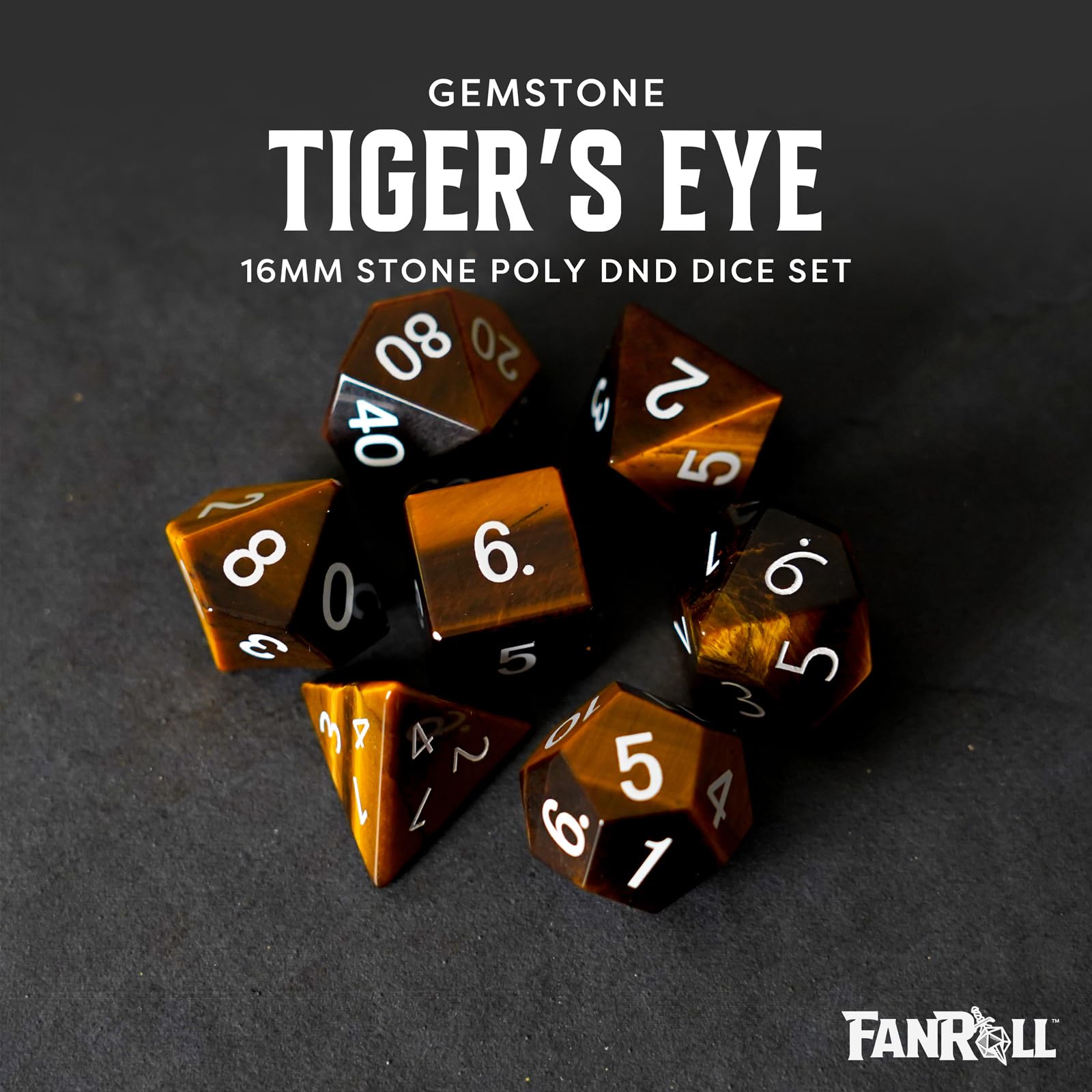 FanRoll 16mm Stone Polyhedral DND Dice Set - Handcrafted Tiger's Eye Gemstone Dice for Dungeons & Dragons RPG | Perfect for Tabletop Gaming, D&D Campaigns & Collector Displays