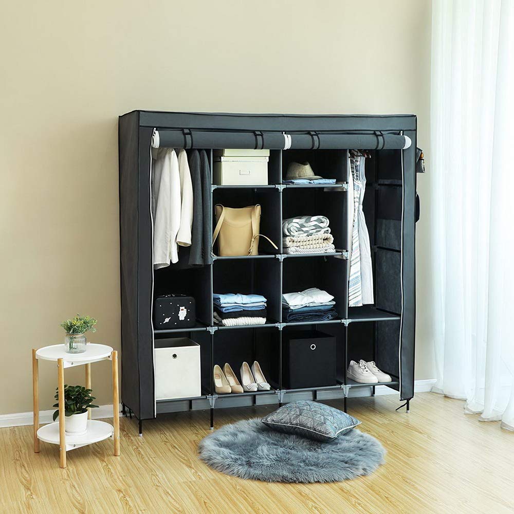 Knocbel 67 Inch Freestanding Closet Organizer with Dustproof Waterproof Cover - 2 Hanging Rods, 4 Side Pockets & Storage Shelves for Bedroom, Closet or Laundry Room (Gray)