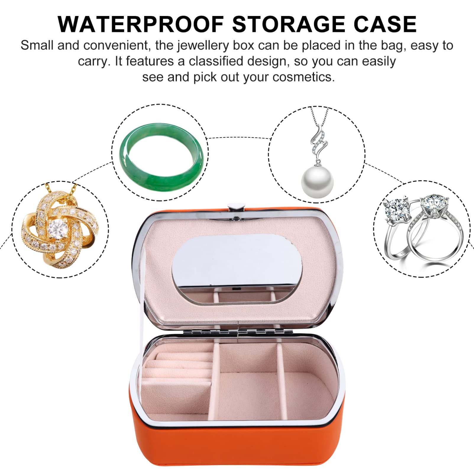 Portable Leather Jewelry Box with Mirror - Mini Travel Jewelry Organizer for Rings, Bracelets, Necklaces & Earrings | Orange Trinket Storage Case for Women, Perfect for Travel, Home & Gift Giving